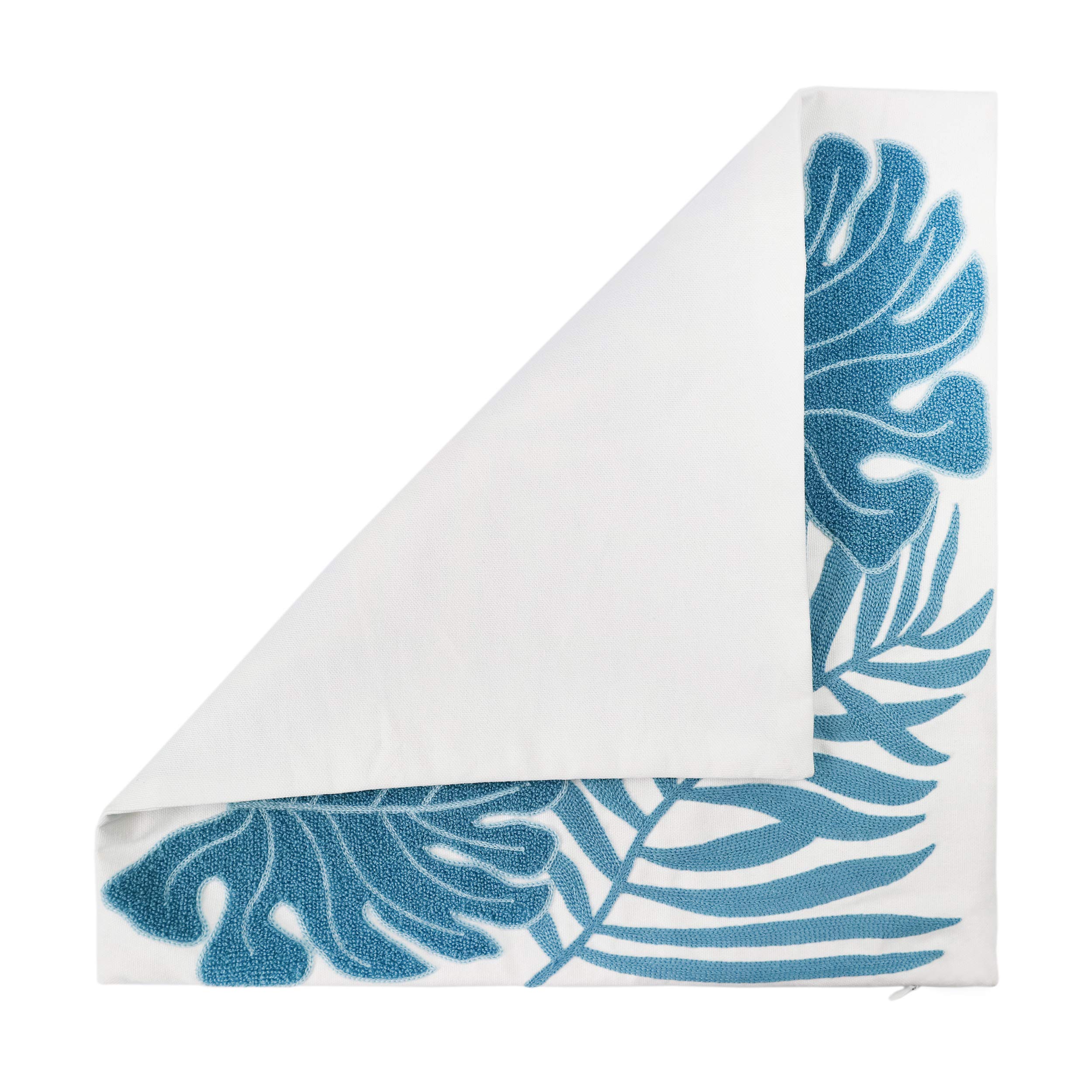 18x18 Light Blue Tropical Leaf Embroidery Throw Pillow Cover - 100% Cotton Cushion Cover for Sofa, Couch & Floor - Monstera Leaf Design Home Décor - Perfect for Living Room, Bedroom & Boho Style Decor (1 Piece)