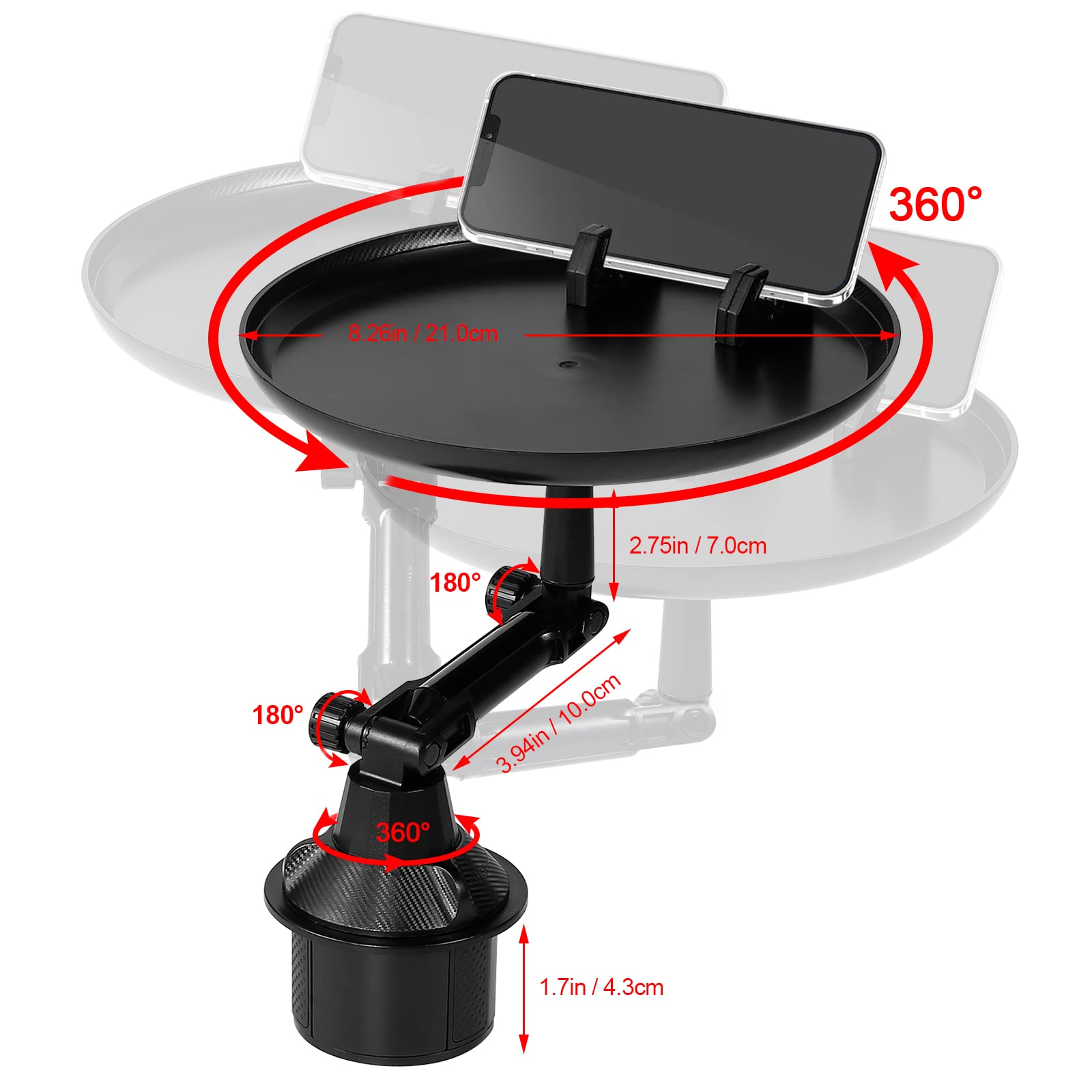 VIVP Adjustable Car Cup Holder Tray with Phone Holder - Universal Car Tray Table for Eating, Drinking & Working - Perfect for Road Trips, Commuting & Fast Food Meals in Any Vehicle