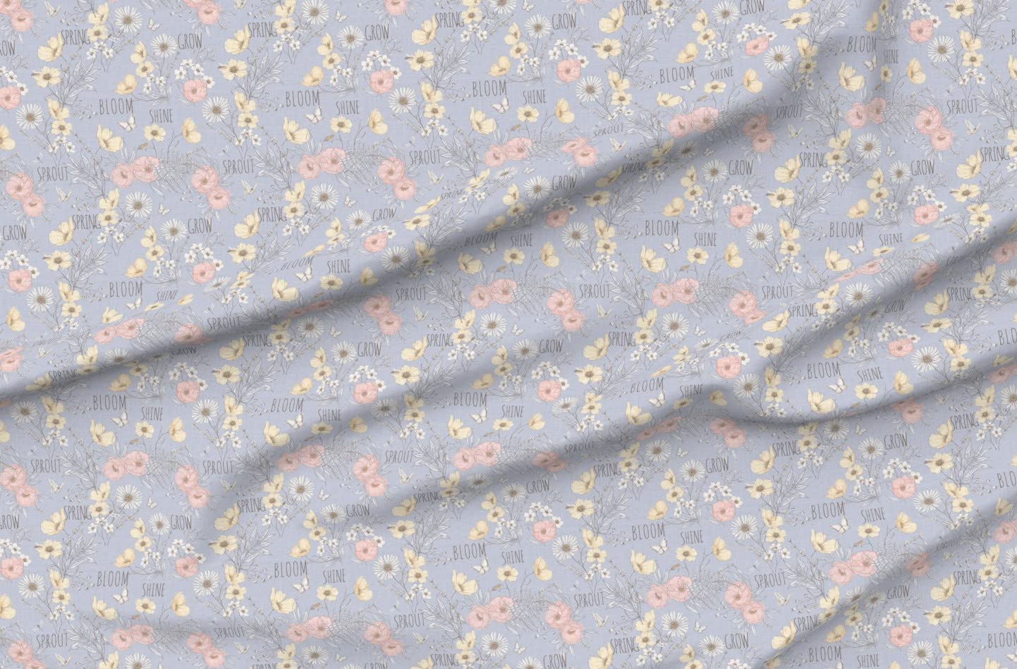 Spring Botanical Blue Floral Easter Daisy Printed Satin Fabric - Fat Quarter for Sewing, Lining, Apparel, Fashion, Blankets & Home Decor | Perfect for Easter Crafts, DIY Projects & Spring Home Decor