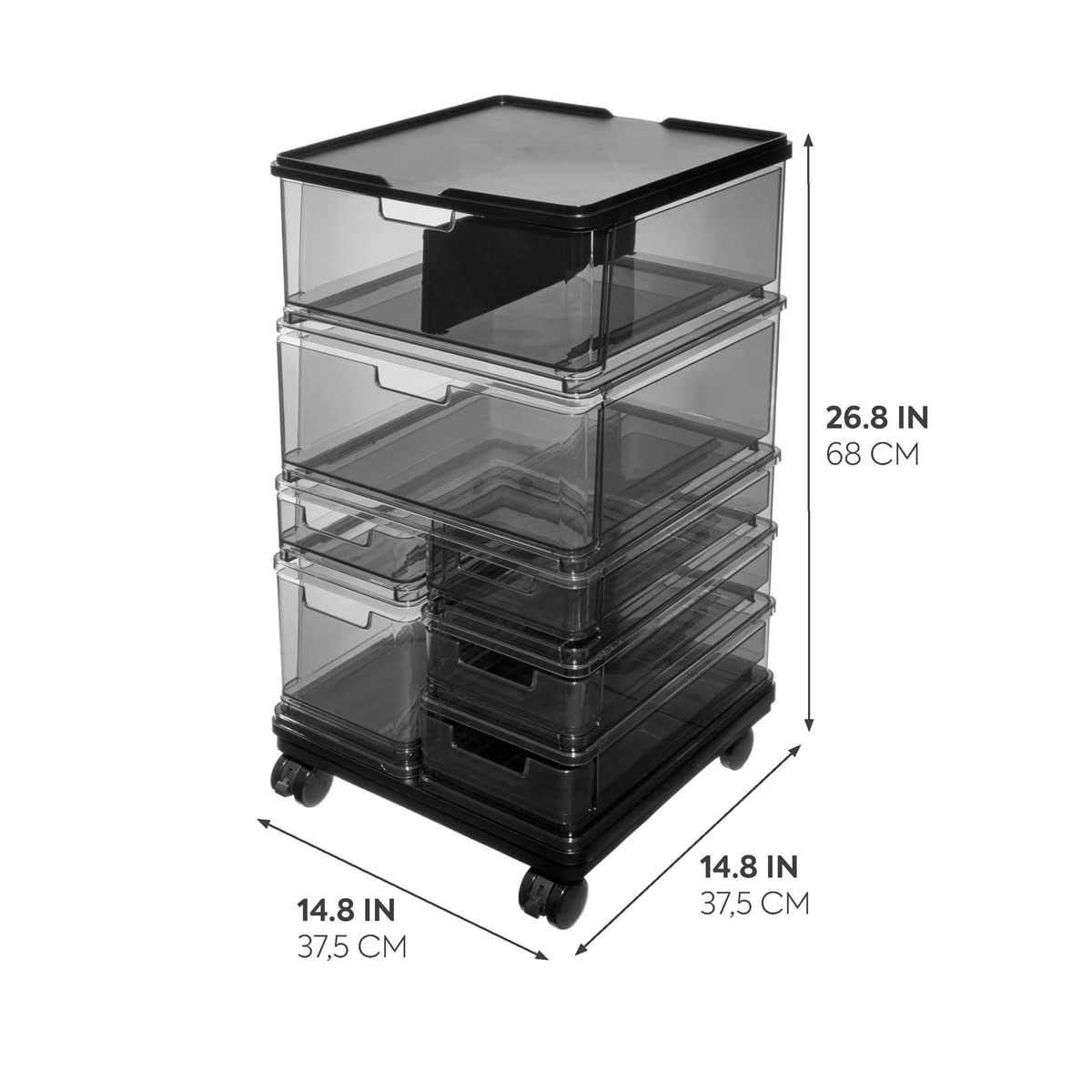 iDesign The Sarah Tanno Collection Large 7-Drawer Stacking Cosmetic Organizer Cart - Smoke Black | Makeup Storage Organizer for Vanity, Bathroom & Bedroom | Portable Beauty Storage Solution for Cosmetics, Skincare & Jewelry