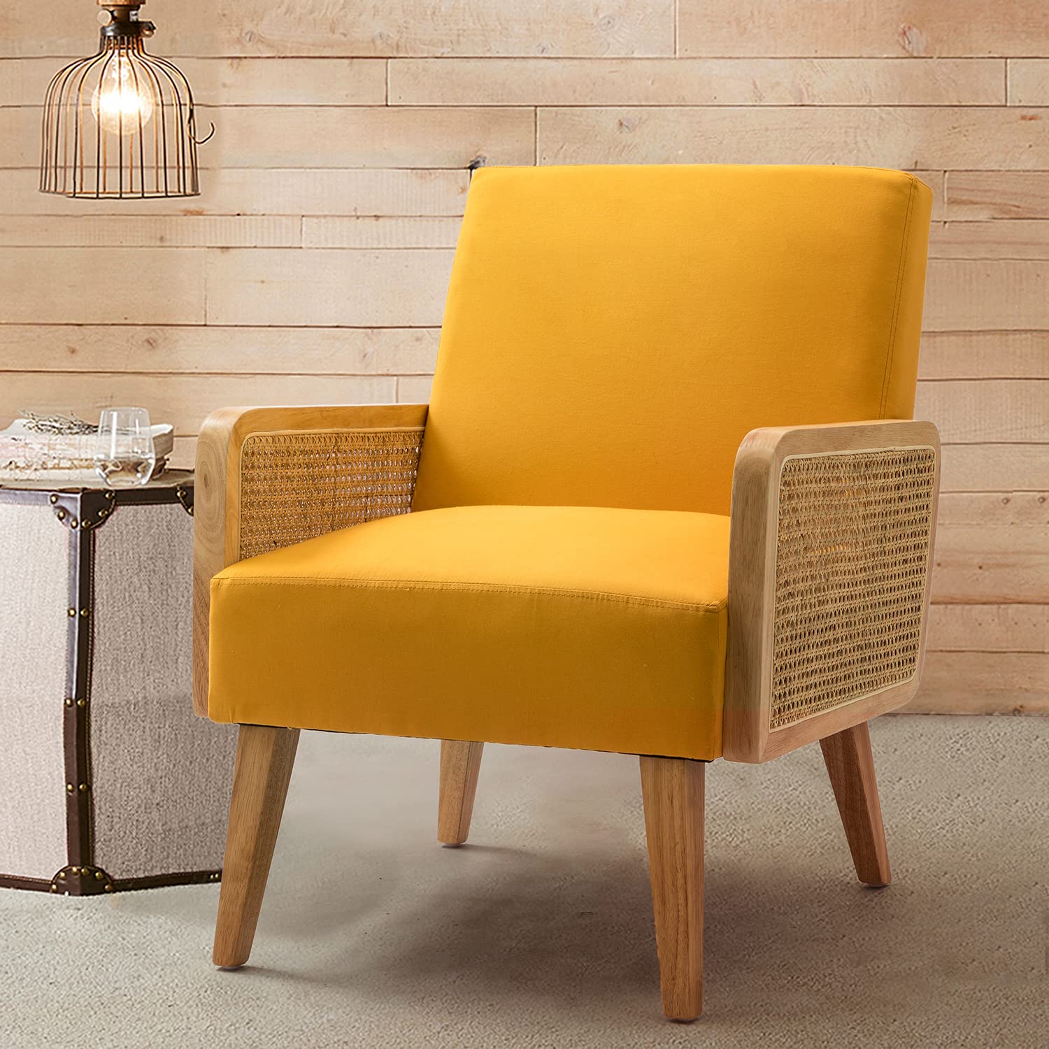 Mid Century Modern Accent Chair - Upholstered Living Room Lounge Chair with Rattan Armrest & Wooden Legs, Comfy Armchair for Bedroom, Hosting Room or Reading Nook - Mustard Yellow Vintage Style Home Decor