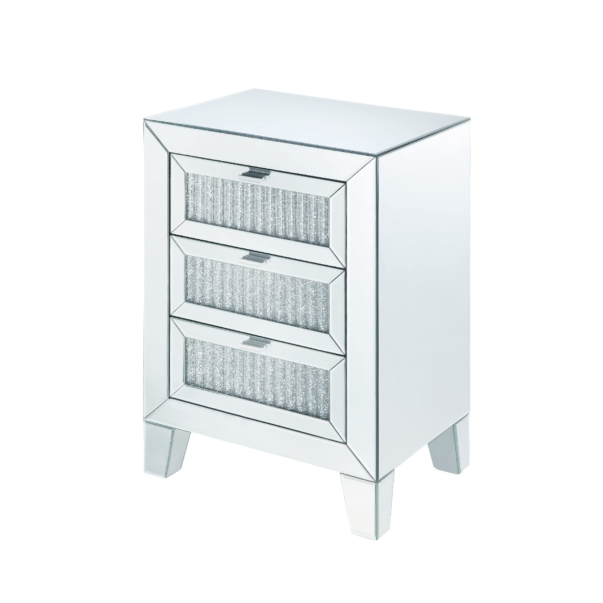 Benjara Modern Wooden Mirrored Nightstand with 3 Drawers in Silver Finish - Perfect for Bedroom, Guest Room, or Vanity Dressing Table