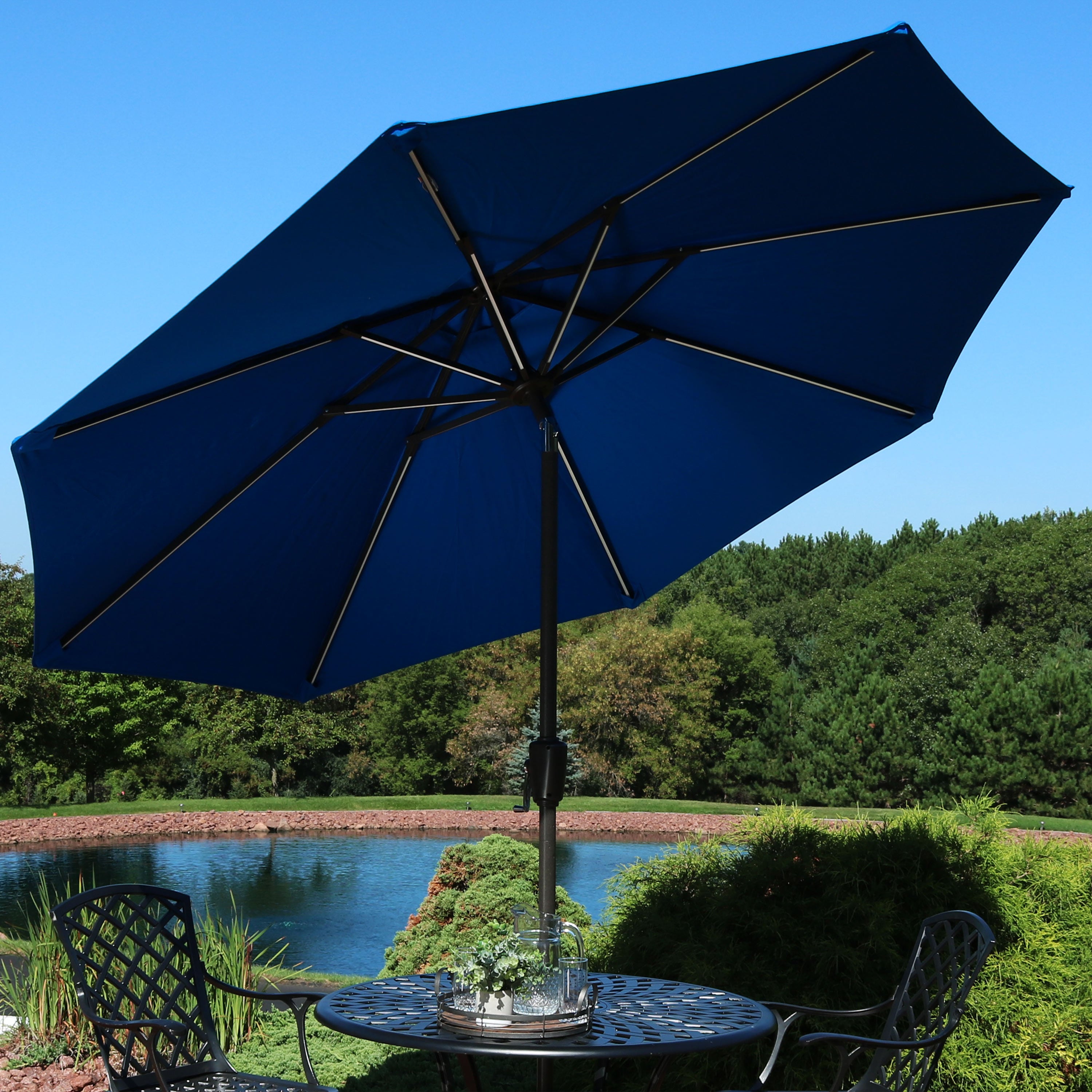 Sunnydaze 9 Foot Solar Sunbrella Patio Umbrella with Push Button Tilt & Crank - Perfect for Poolside, Backyard, and Outdoor Dining Areas
