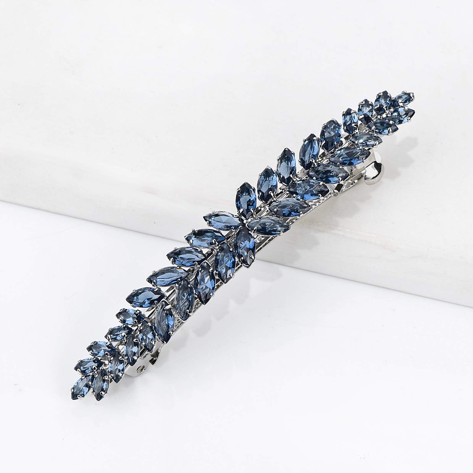 Sparkly Crystal Flower Leaf Hair Barrette Clips for Women - Elegant Bridal Wedding Prom Party Hair Accessories (Navy Blue) | Perfect for Special Occasions, Date Nights & Formal Events