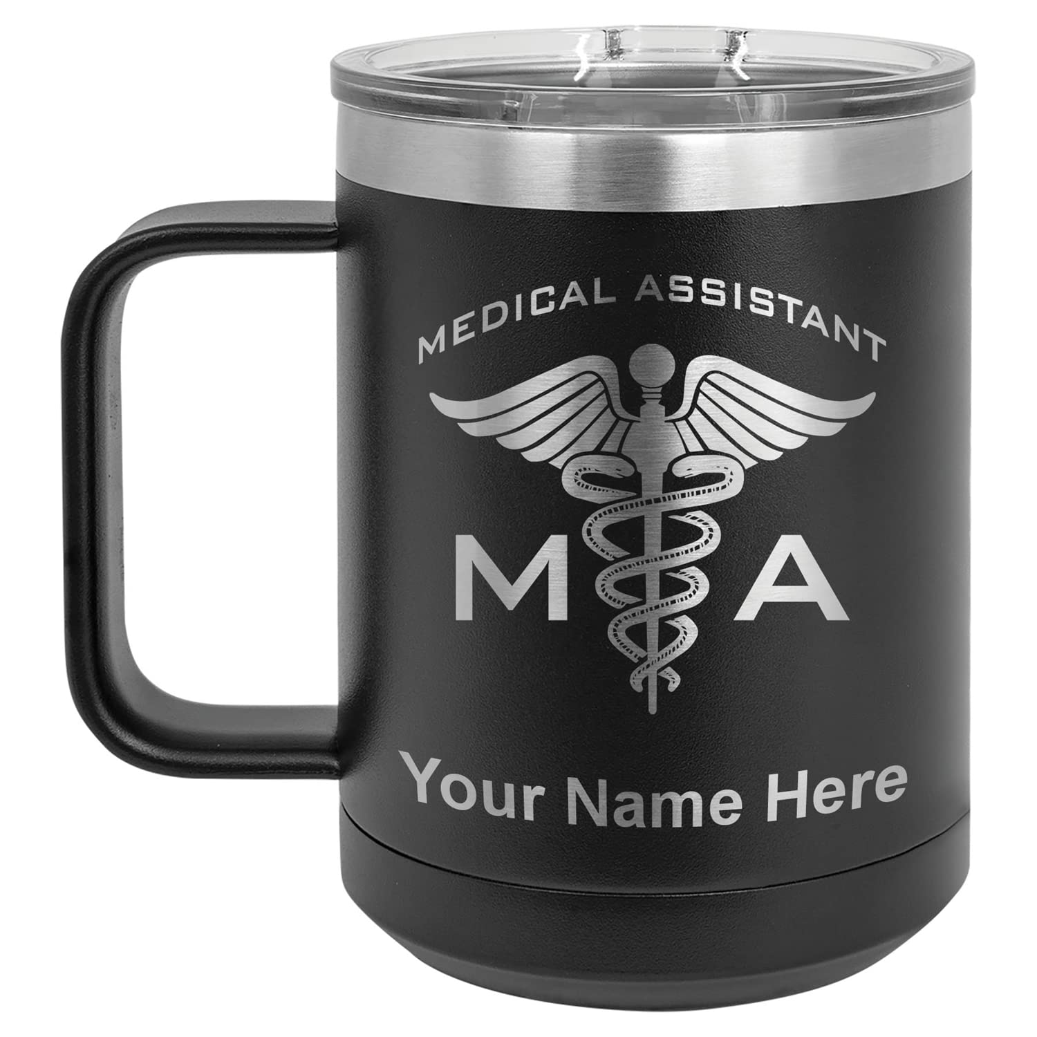 LaserGram 15oz Vacuum Insulated Stainless Steel Coffee Mug with Personalized Engraving - Leakproof Travel Tumbler for Hot & Cold Drinks - Perfect Gift for MA Medical Assistants, Nurses & Healthcare Workers (Black) - Ideal for Office, Commuting & Outdoor Activities