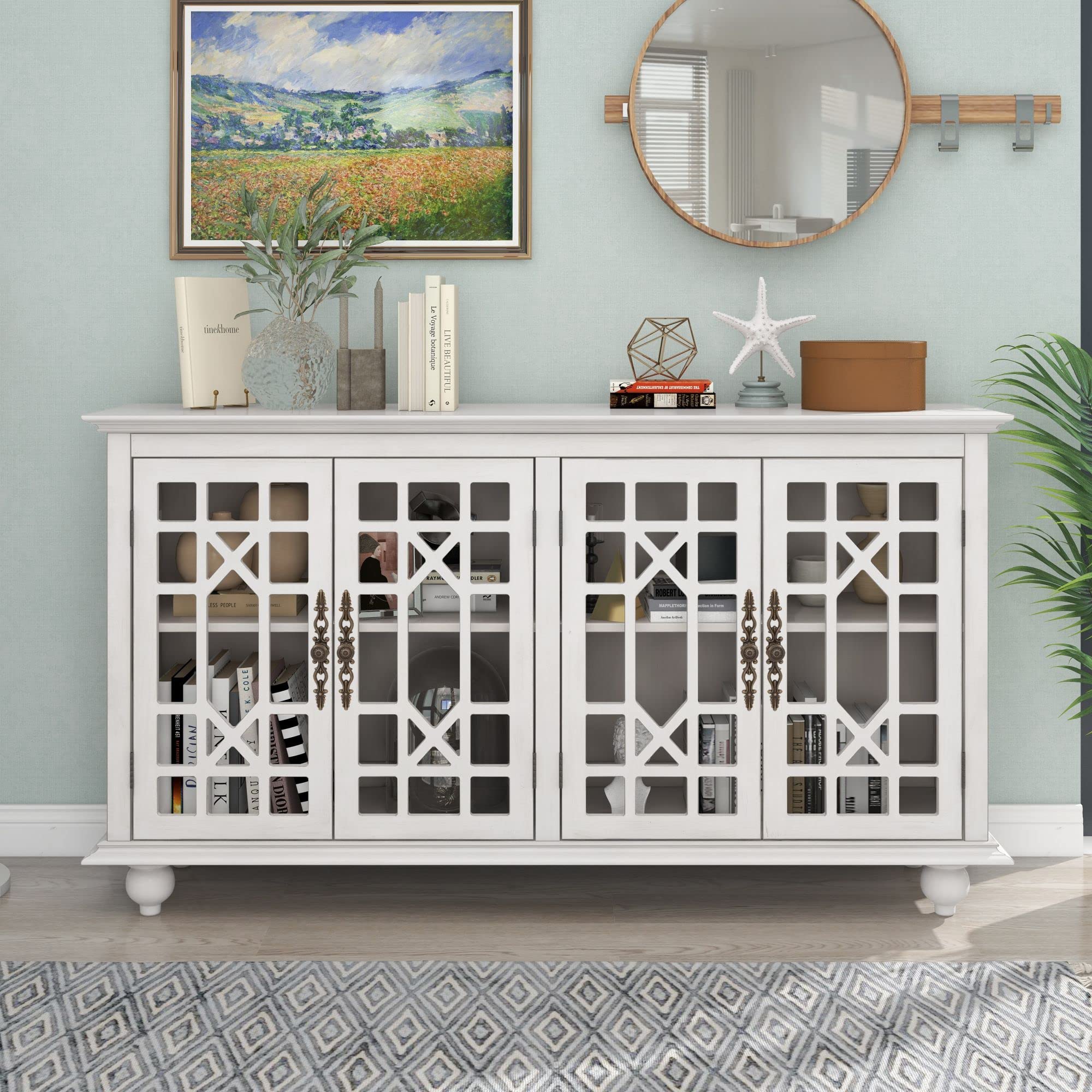 Rhomtree Antique White Kitchen Buffet Cabinet with Adjustable Shelves & Metal Handles - 4-Door Storage Sideboard for Dining Room, Living Room, or Entryway Organization - Perfect for Storing Dishes, Linens, and Home Decor