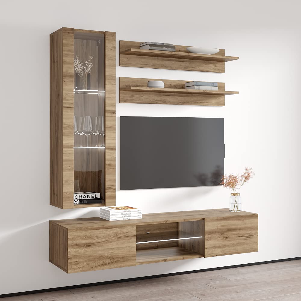 Modern Floating TV Stand with Storage & LED Lights - Wall-Mounted Entertainment Center for Bedroom & Living Room - Oak Wood TV Console with Shelves - Perfect for Small Spaces & Home Theater Setup