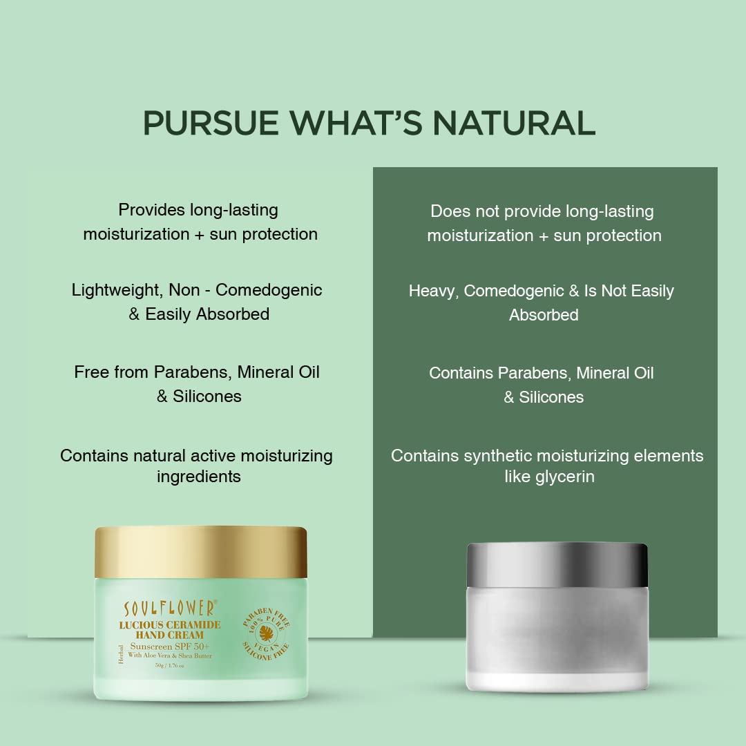 Soulflower Ceramide Hand Cream with SPF 50+ | Moisturizing & Repairing for Dry, Rough Hands | Sun Protection, Oil-Free Formula | Enriched with Aloe Vera & Shea Butter | 50g | Ideal for Daily Use, Outdoor Activities & Travel
