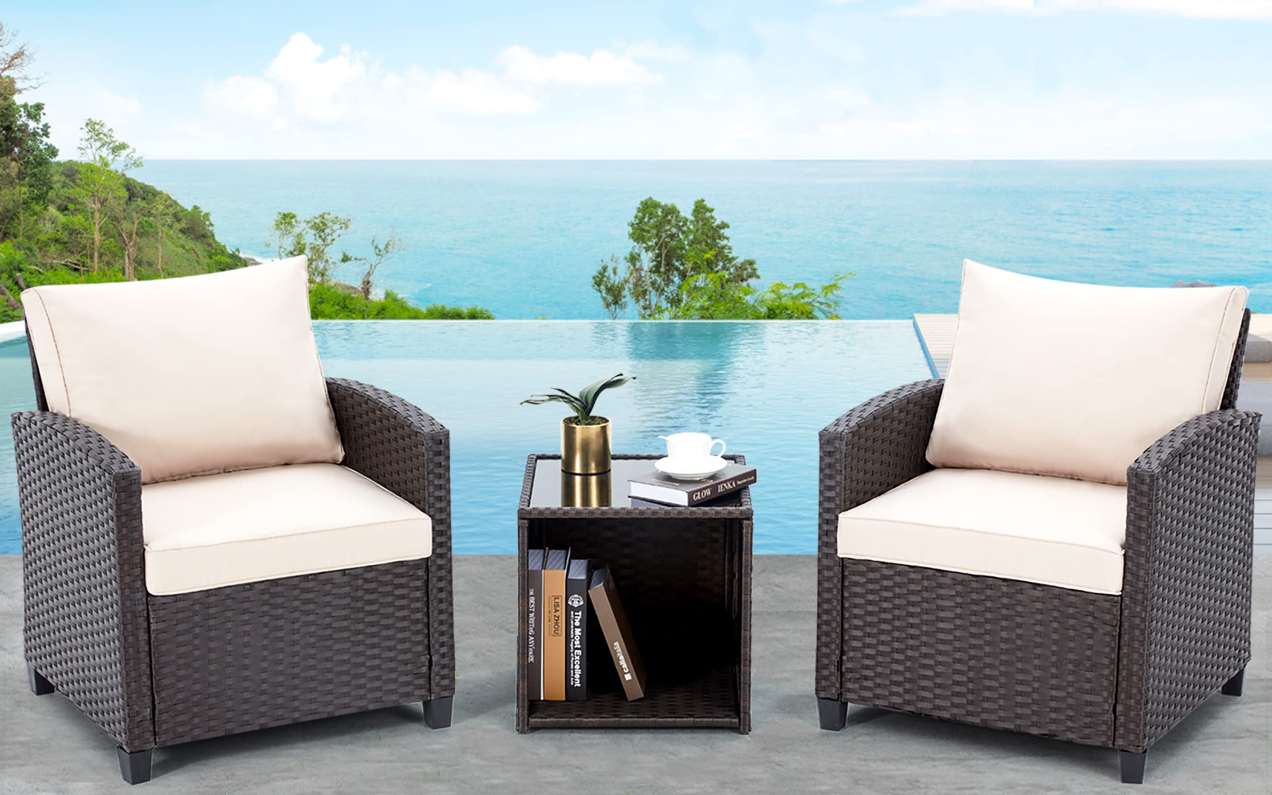 JOMEED 3-Piece Outdoor Patio Furniture Set - Wicker Bistro Conversation Set with Rattan Sofa, Cushions & Coffee Table - Perfect for Garden, Balcony, Backyard & Poolside Relaxation