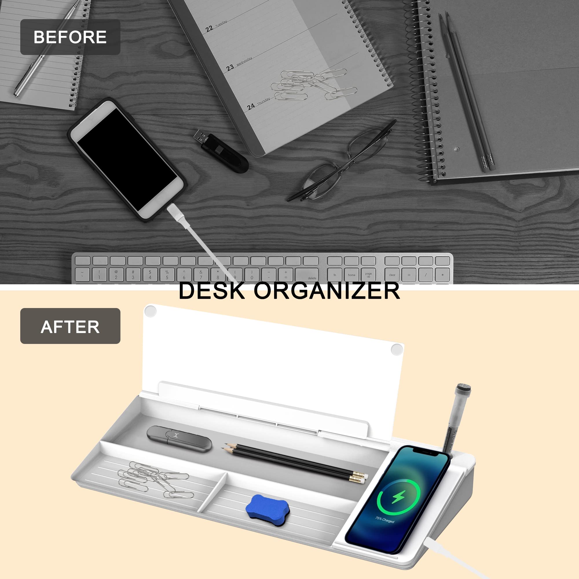 SELEAD Glass Whiteboard with Wireless Charger - 18x12 Inch Desktop Dry Erase Board, Computer Keyboard Stand with Organizer Drawer for Home Office, School & Workspace - Perfect for Meetings, Notes & Device Charging (White)