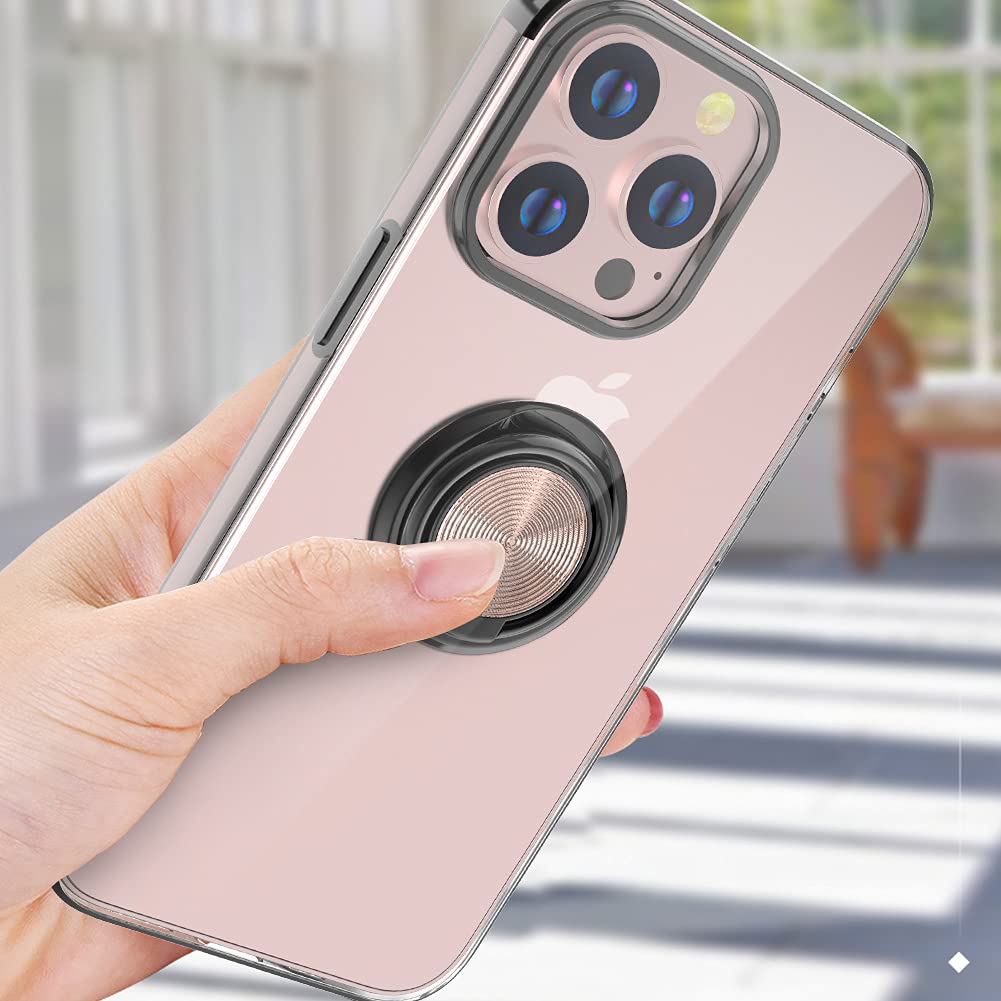 Ultra Slim Soft TPU iPhone 13 Pro Case 6.1 Inch with Rotatable Ring Kickstand & Magnetic Car Mount - Black | Perfect for Daily Use, Travel & Hands-Free Viewing