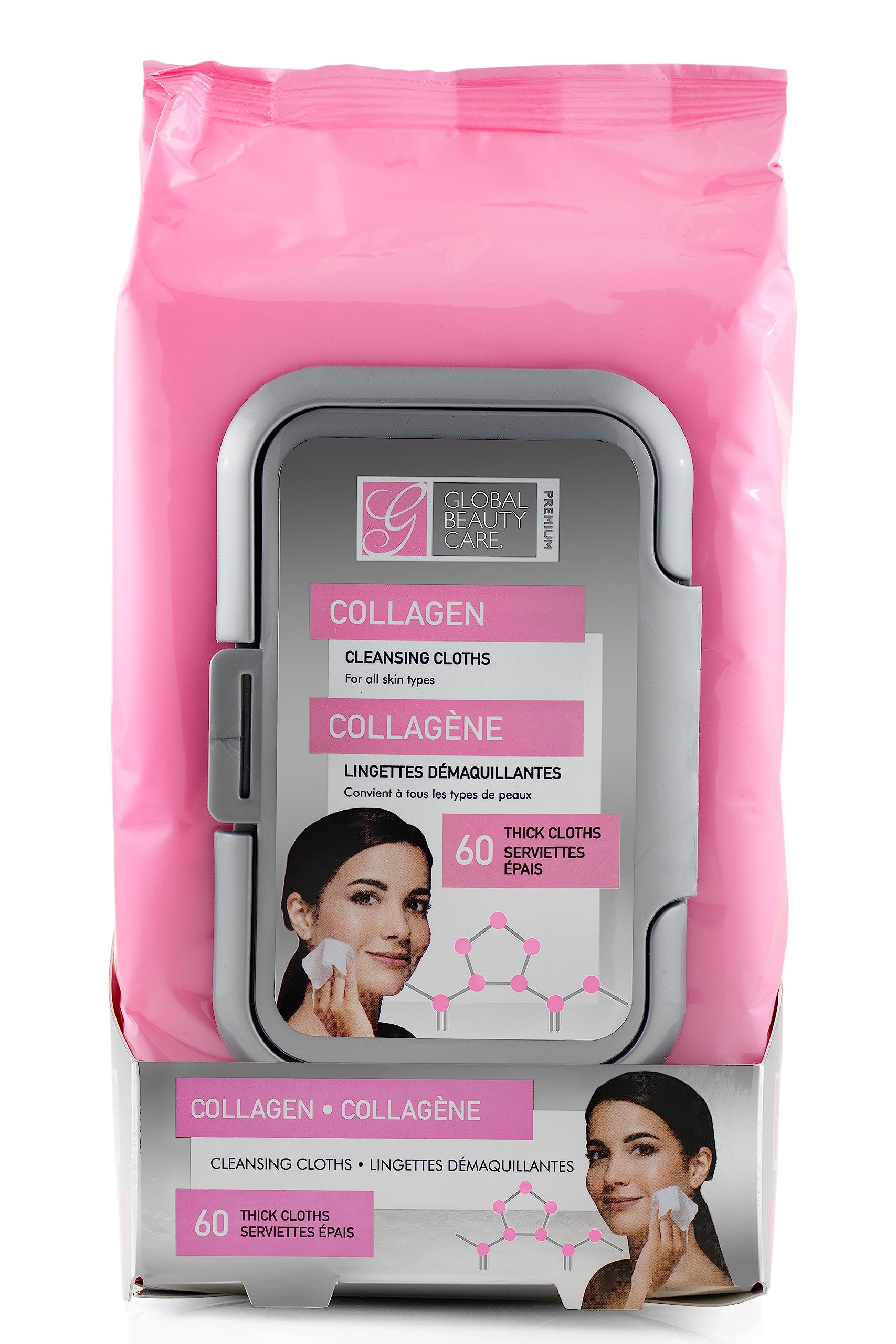 Global Beauty Care Collagen Facial Cleansing Wipes for All Skin Types | Makeup Remover | Paraben-Free & Non-Comedogenic | Hydrating, Firming & Smoothing Formula | 60 Count Pack | Perfect for Travel, Gym & Daily Skincare Routine