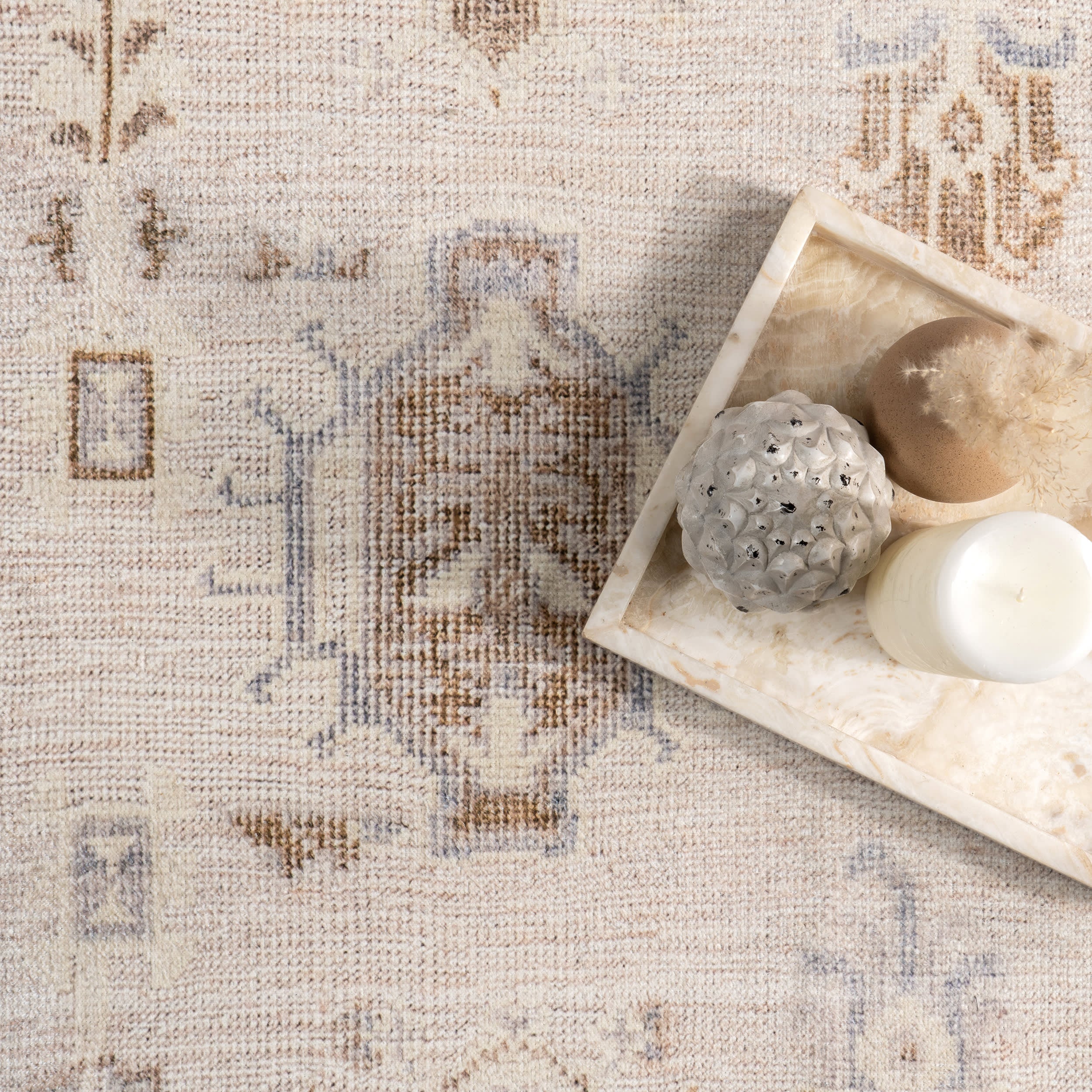 Brenda Hazy Heraldry Washable Rug - Soft Beige Bohemian Area Rug for Living Room, Bedroom & Nursery | Machine Washable & Stain Resistant