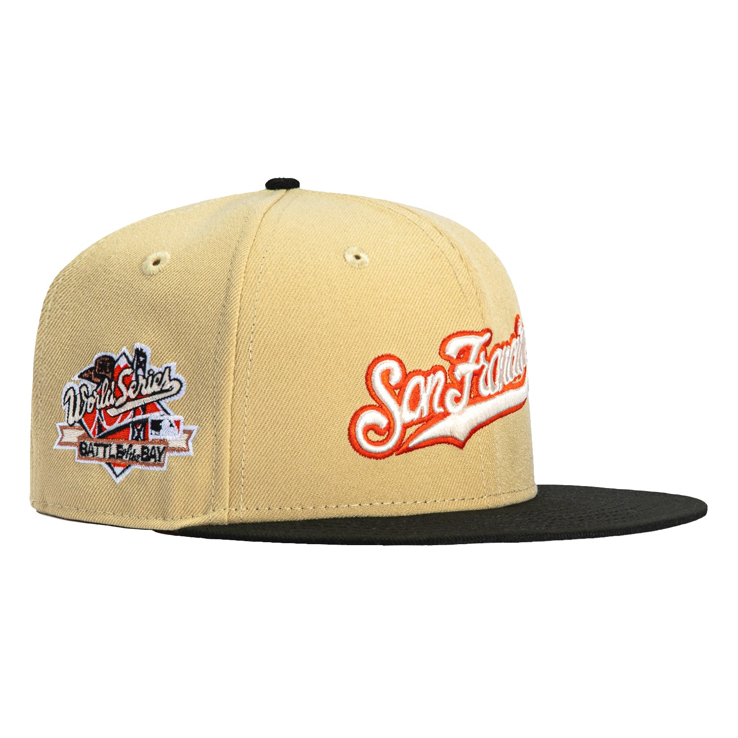 New Era 59Fifty San Francisco Giants Battle of the Bay Patch Script Hat - Tan, Black, White & Orange | MLB Baseball Cap for Fans & Streetwear Fashion | Game Day, Casual Wear & Sports Collection