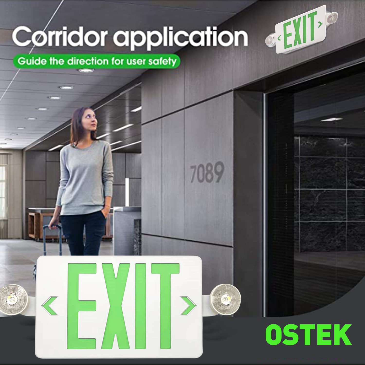 4 Pack UL-Listed Green LED Exit Signs with Emergency Backup Battery - Fire Resistant ABS Dual Head Adjustable Emergency Lighting (120-277V) for Commercial Buildings, Warehouses & Public Safety Areas