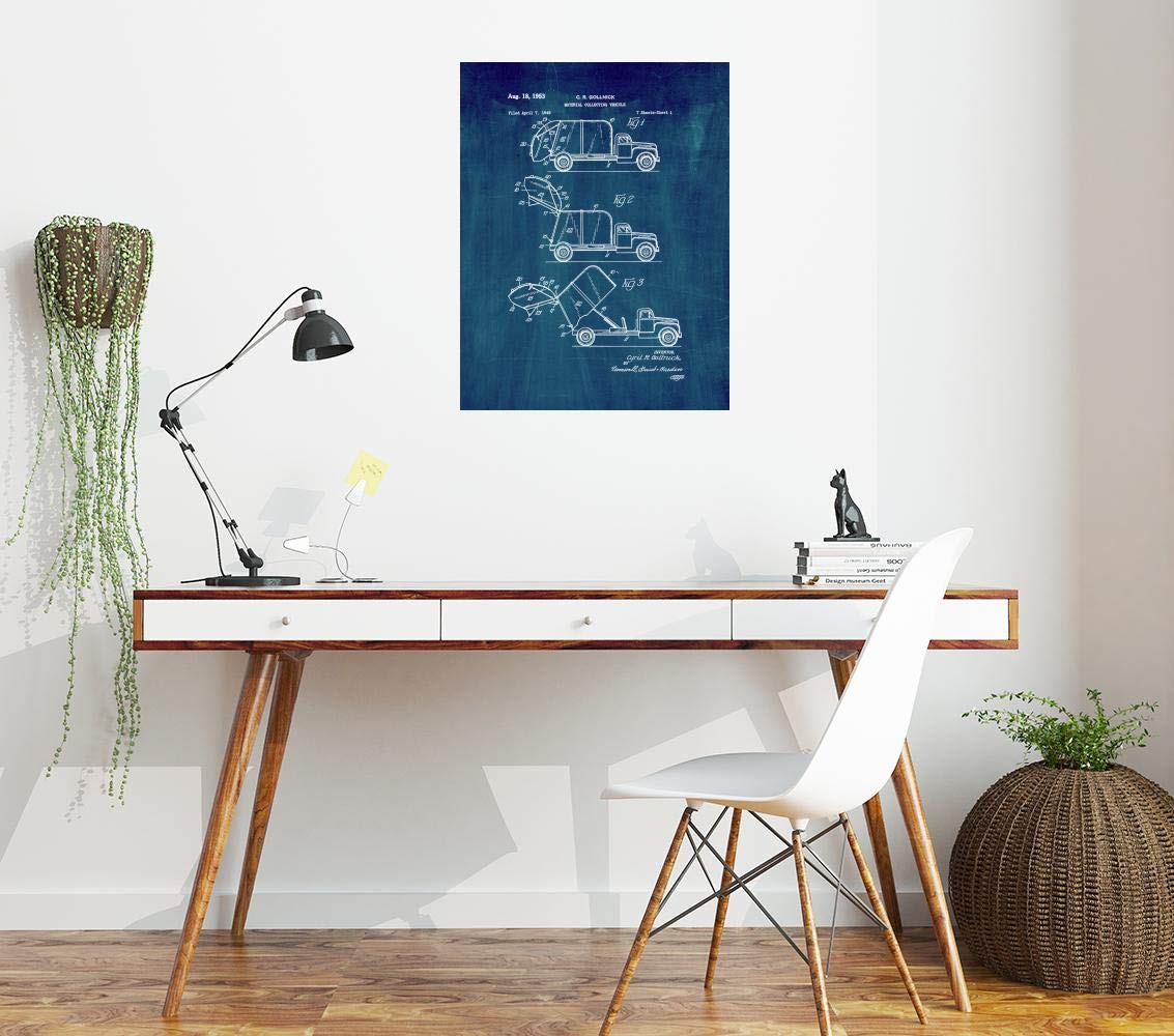 Midnight Blue Garbage Truck Patent Print - 8.5 x 11 Inch Wall Art Decor for Kids Room, Garage, or Office (M12577)