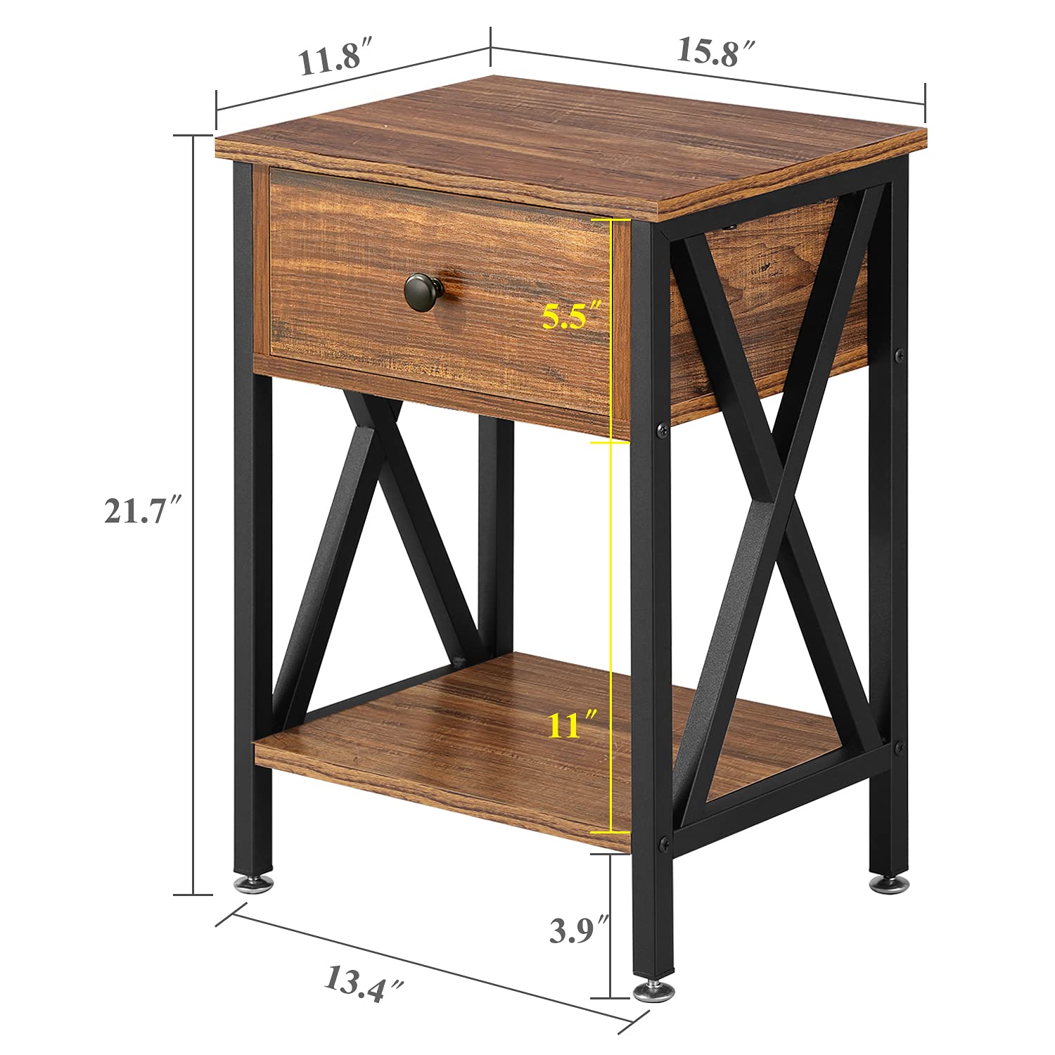 VECELO 2-Piece Nightstand Set - Modern Industrial Side Tables with Drawer & Storage Shelf for Bedroom & Living Room - Wood & Metal End Tables in Brown - Perfect for Small Spaces, Apartment Furniture & Home Decor