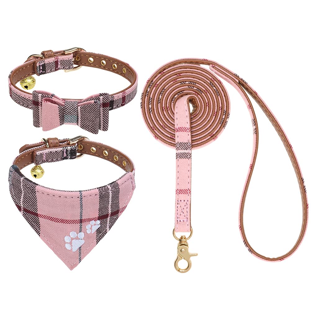 EXPAWLORER Dog Collar and Leash Set - Embroidered Paw Print Plaid Dog Collar with Adjustable Leash, Matching Bow Tie & Bandana, Bell Included for Small to Medium Dogs - Perfect for Outdoor Walks, Training & Pet Fashion (Pink)
