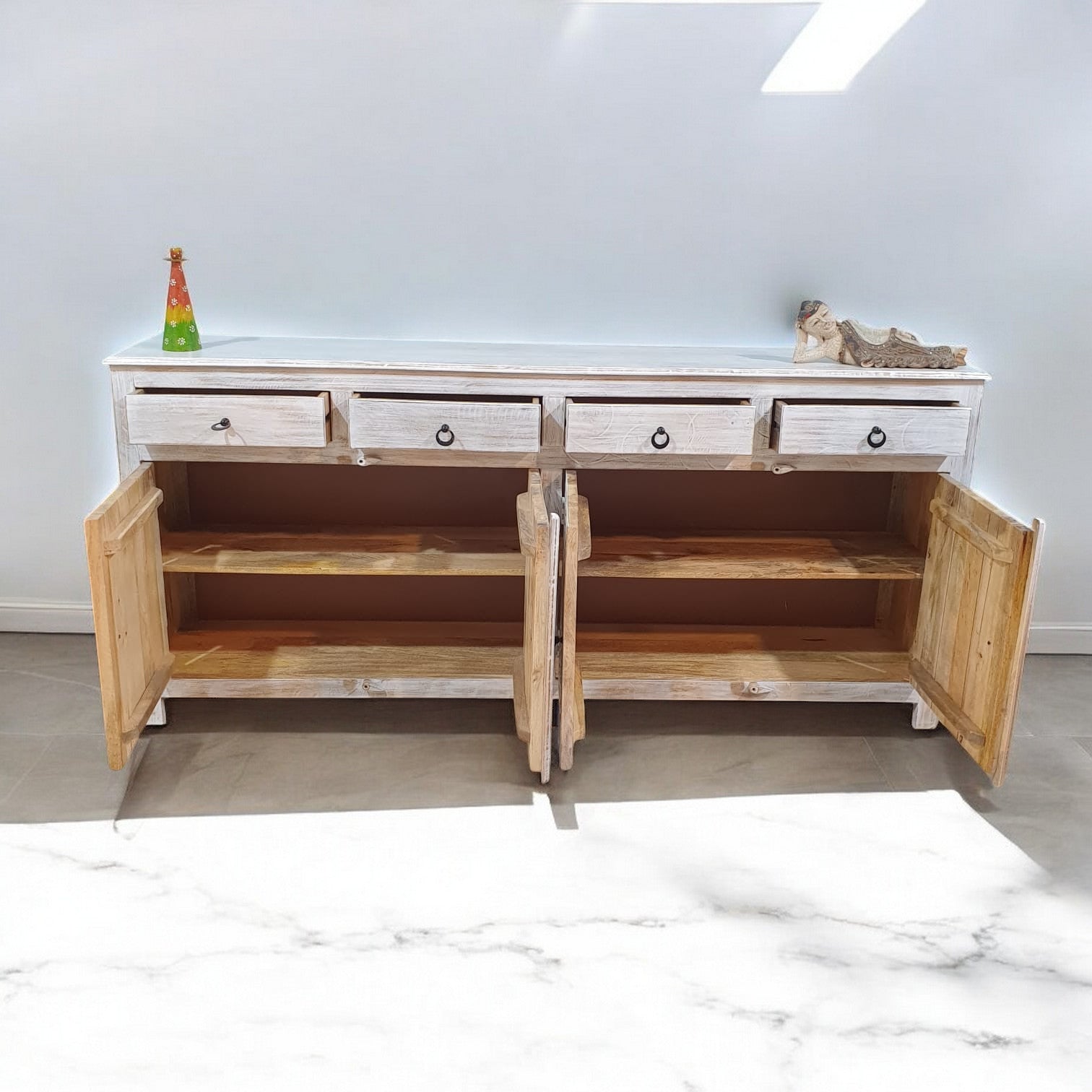 Handmade Carved Indian Mango Wood 4-Drawer 4-Door Sideboard Buffet Cabinet - Whitewashed Rustic Farmhouse Style for Dining Room Storage & Entryway Decor