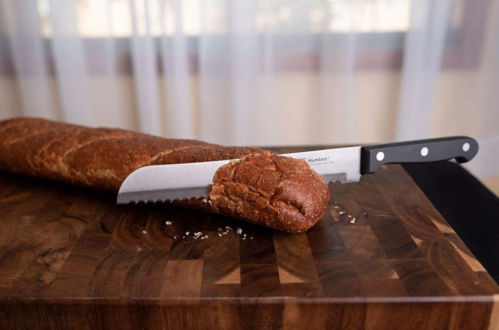 8 Inch Serrated Bread Knife with Wave Edge - Black Blade for Slicing Bread, Cakes, and Pastries - Perfect for Home Kitchens and Bakeries
