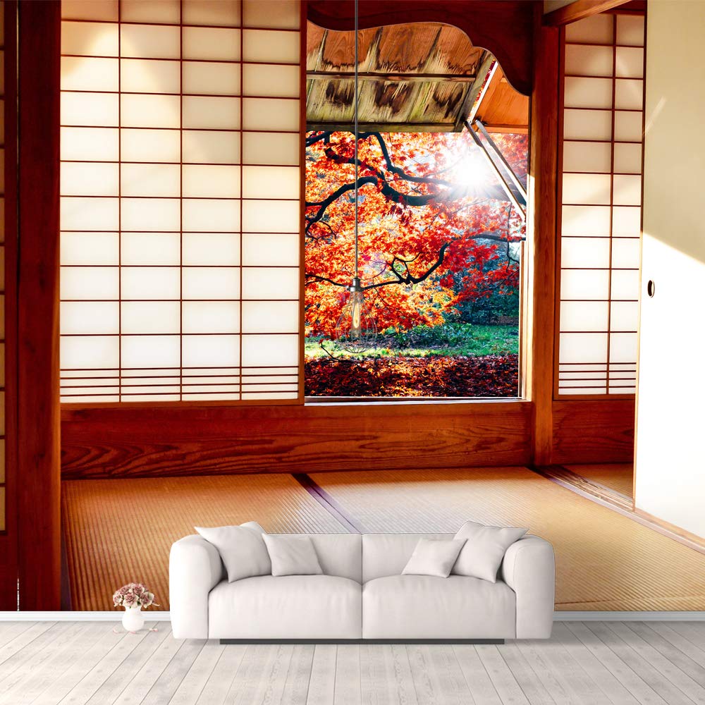 Japanese Style Grid Door View Wall Mural - Large Removable Peel and Stick Wallpaper (100x144 inches) - Perfect for Bedroom Decor, Living Room Accent Wall & Home Office Design