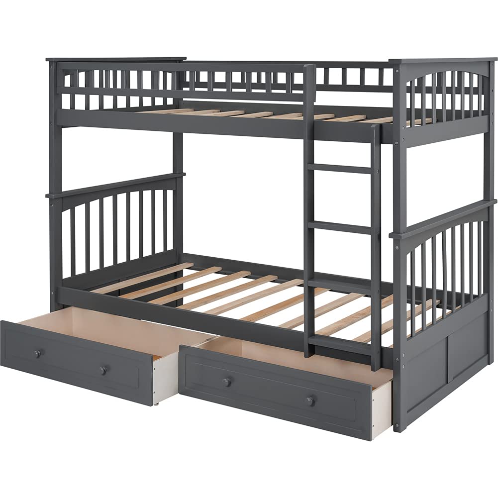 Convertible Wood Bunk Bed with Storage Drawers, Ladder & Safety Guardrail - Twin Over Twin Space-Saving Kids Bed (Gray) | Perfect for Small Bedrooms, Guest Rooms & Vacation Homes