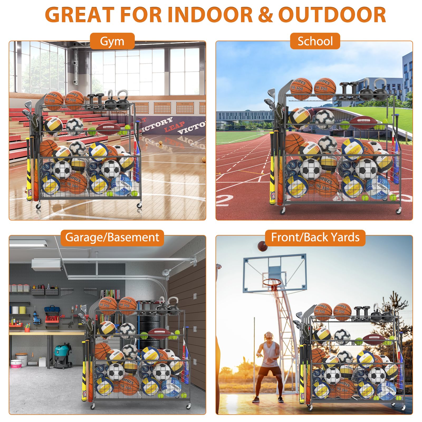 Gadroad Rolling Sports Ball Storage Cart with Baskets & Hooks - Garage Organizer for Basketball, Soccer, Football Equipment - Heavy-Duty Black Sports Gear Rack for Home, Gym, and Playroom Organization