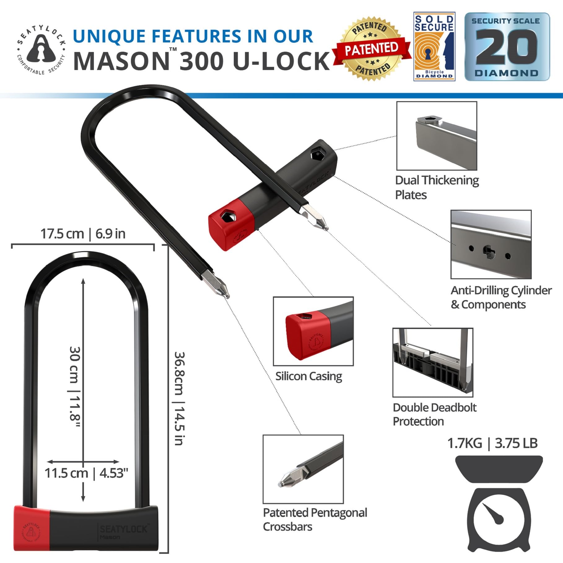 Heavy Duty Seatylock Mason Bike U Lock - Patented Anti-Theft Diamond Security Bicycle Lock with Keys - 11.8 Inch Super Wide Safety U-Lock for Electric Bikes, Scooters & Motorcycles - Perfect for Urban Commuting, Campus Security & Outdoor Adventures