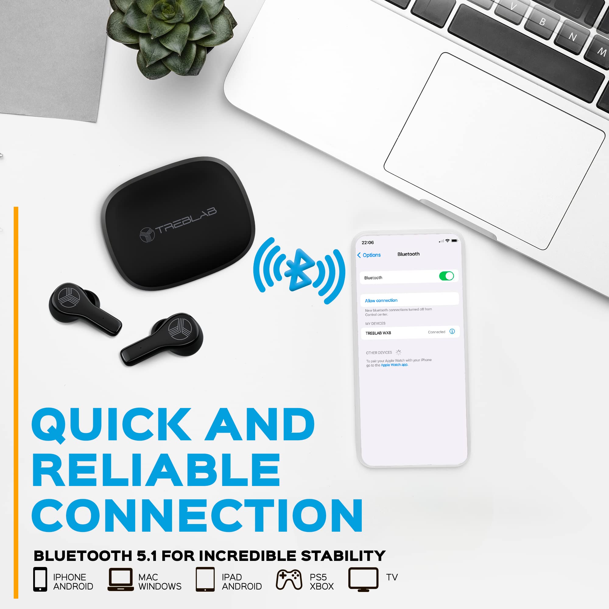 TREBLAB WX8 Wireless Earbuds - IPX8 Waterproof Bluetooth 5.1 Headphones with 28H Playtime, Touch Control & Noise Isolation, Wireless Charging Case & USB-C Port (Renewed) - Perfect for Gym, Running, Travel & Workouts