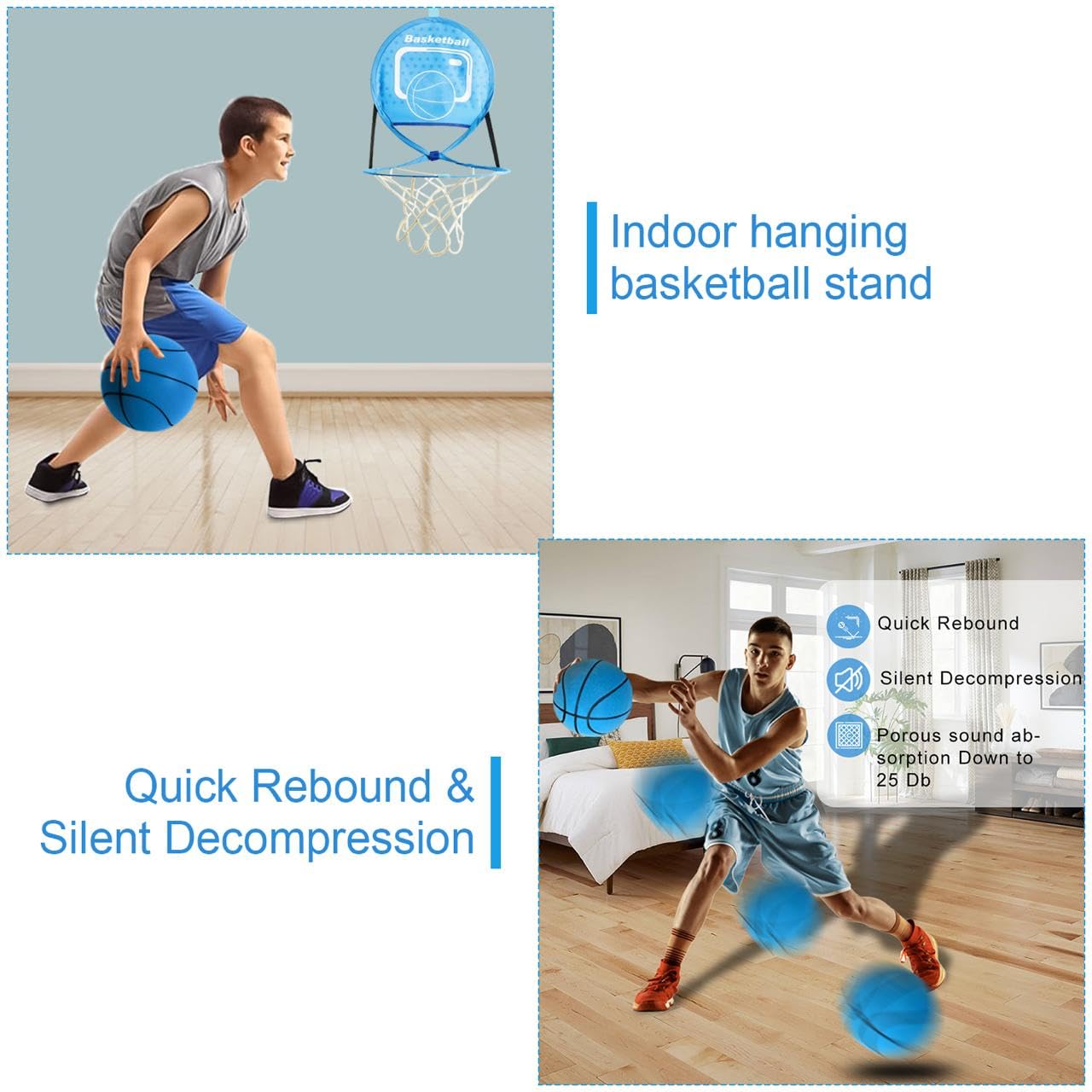 Silent Hoop Set - Quiet Bounce Foam Basketball with Adjustable Hoop for Indoor & Outdoor Play | Size 5 Lightweight Kids Basketball | Perfect for Bedroom, Backyard & School Gym Use