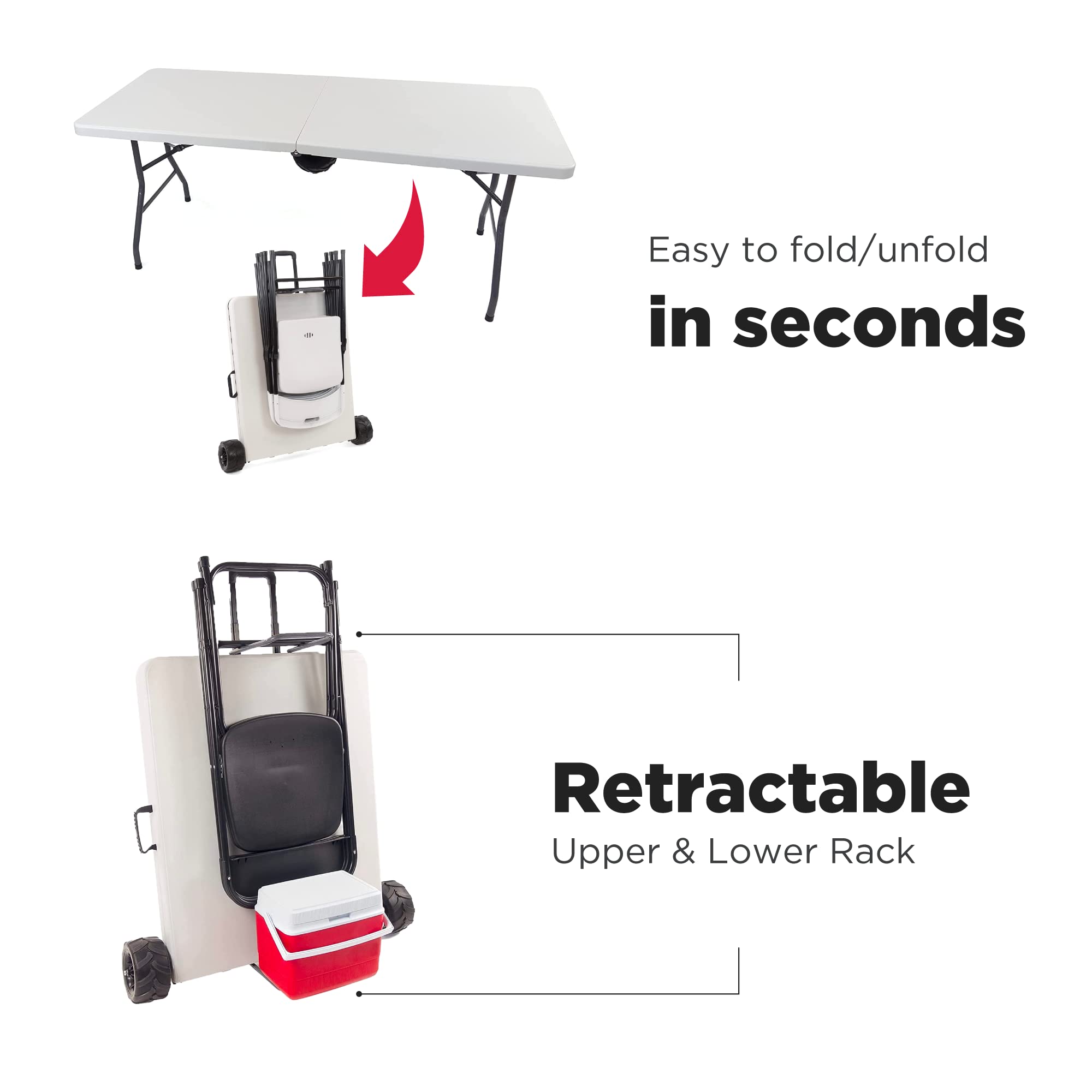 6 Ft Portable Outdoor Folding Table and Chairs Set with Built-in Wheels - Durable White & Black Plastic for Picnics, Camping & Backyard BBQs