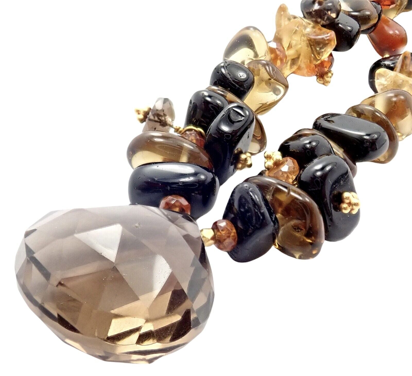 18K Yellow Gold Briolette Smokey Topaz Onyx Bead Necklace for Women - Elegant Statement Jewelry for Evening Parties & Special Occasions