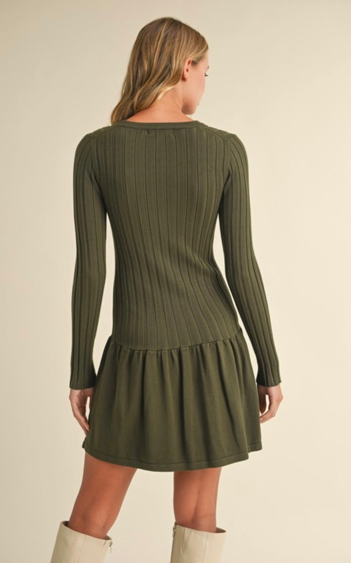 Olive Ribbed Long Sleeve Crewneck Drop Waist Flare Dress for Women | Elegant Fall Winter Outfit for Casual Wear, Office, Date Night & Special Occasions