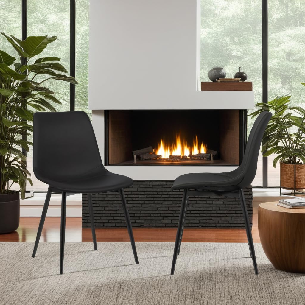 Armen Living Monte Mid Century Modern Dining Chair - Black Faux Leather Upholstery with Black Metal Legs - Perfect for Kitchen, Dining Table, Home Office Desk & Vanity Area