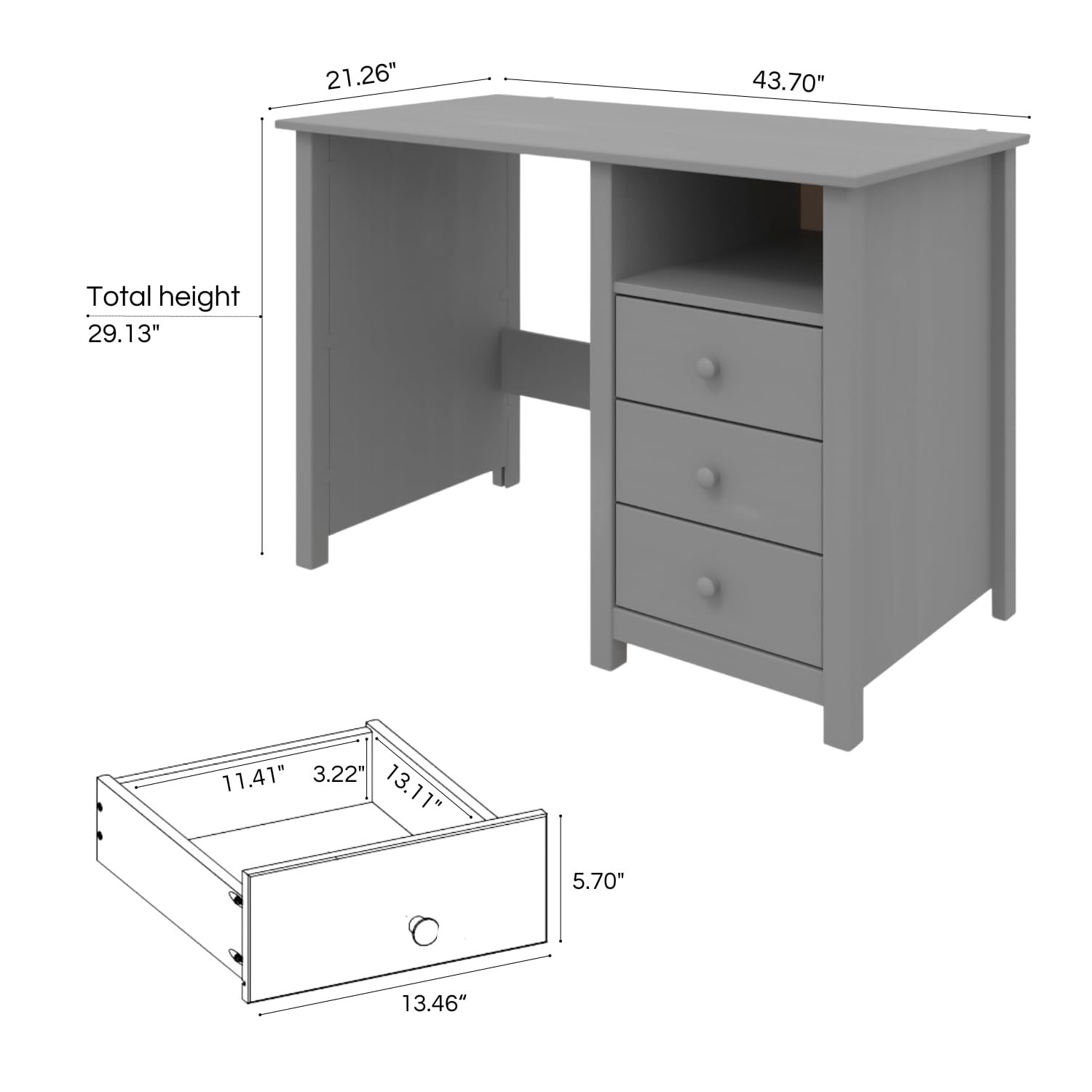 Solid Wood Grey Compact Computer Desk with Drawers - Sturdy Pine Home Office Desk with Smart Storage - Perfect for Study, Bedroom, or Small Space Workstation - Ergonomic Writing & Laptop Workspace