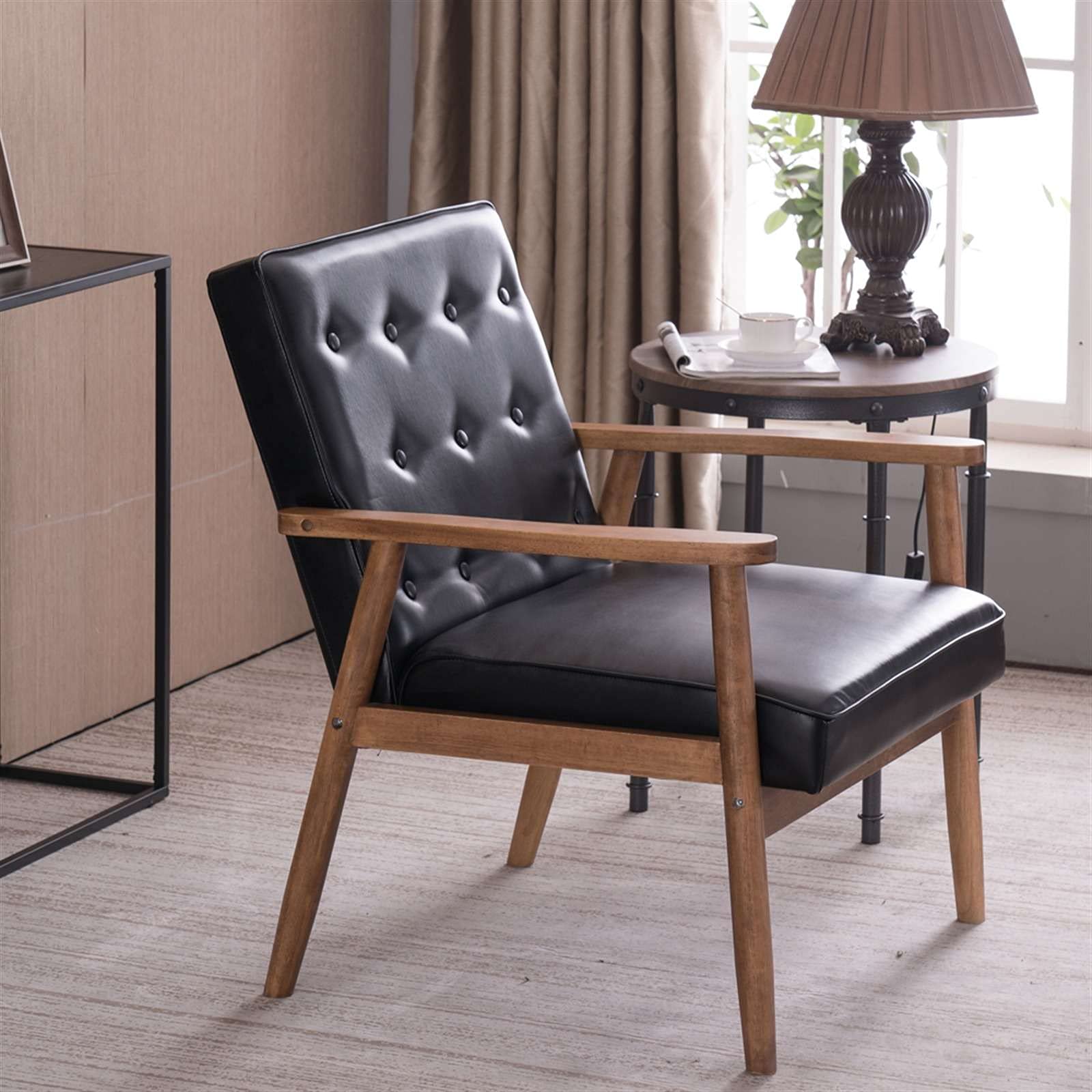 Mid-Century Modern Black PU Accent Armchair - Upholstered Wood Frame Lounge Chair for Living Room, Bedroom & Office - Stylish Comfortable Seating for Home Decor