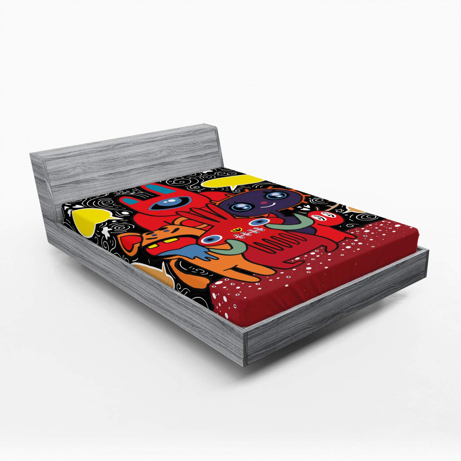Ambesonne Indie Fitted Sheet - Queen Size Monster City Themed Bedding with Funny Characters, Speech Bubbles & Floral Swirls - Deep Pocket All-Around Elastic for Comfort - Multicolor Design for Kids & Teens Bedrooms