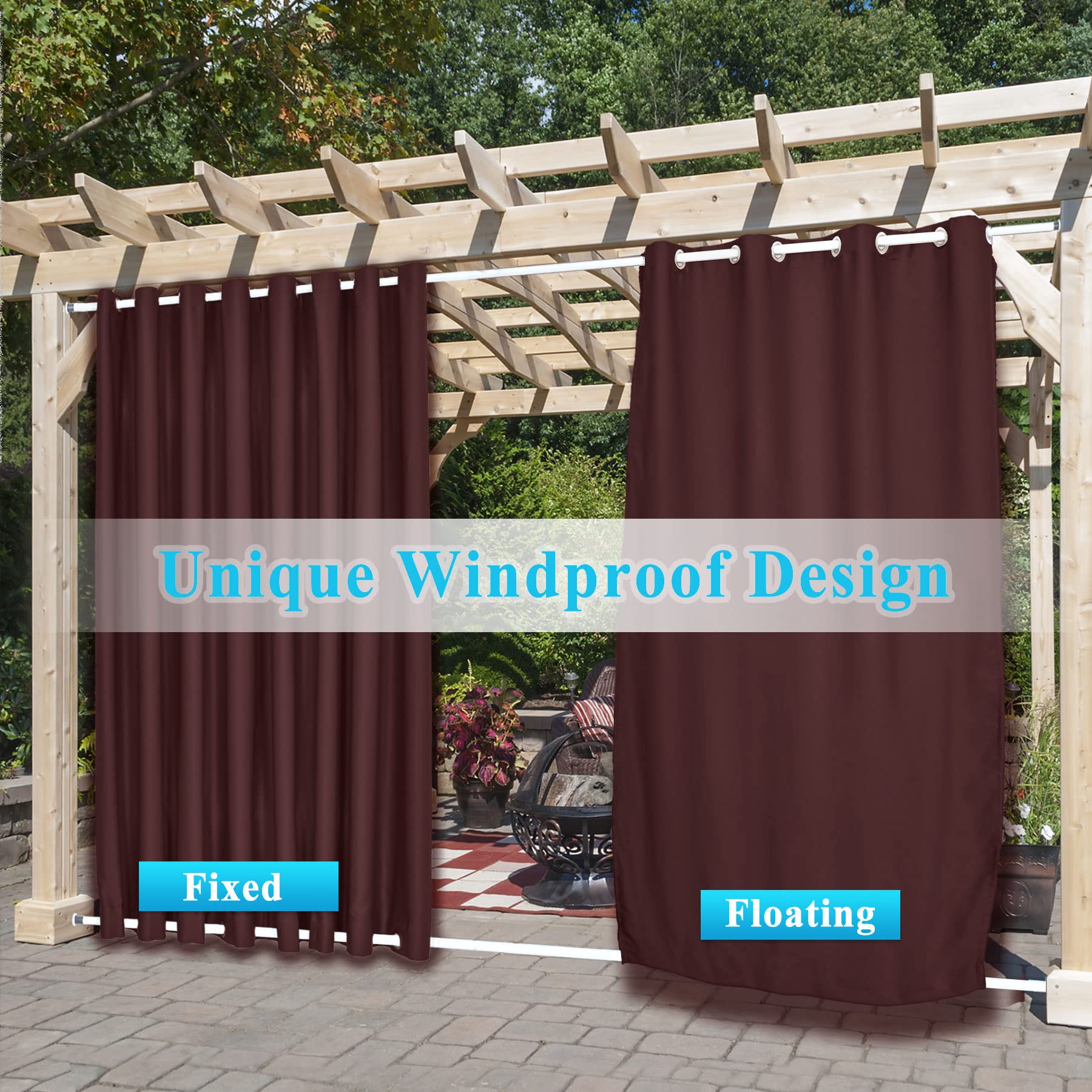 Frelement Extra Wide Outdoor Curtains - Windproof & Privacy Protection - Rustproof Grommet Drapes for Gazebo, Pergola, Patio - Indoor/Outdoor Use - Burgundy (120