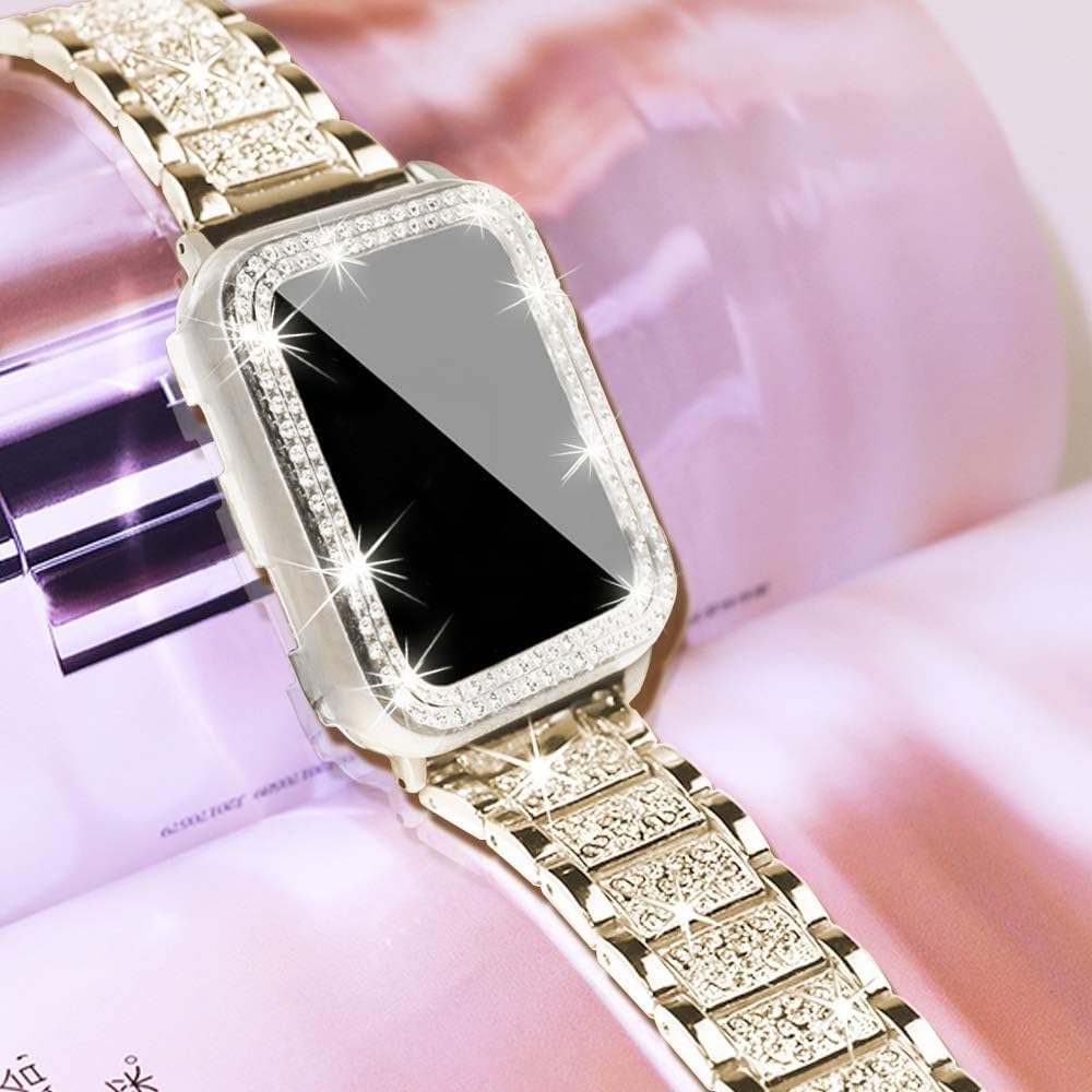 SUPOIX Luxury Bling Diamond Metal Band & 2 Pack Protective Case for Apple Watch Series 9/8/7 45mm - Champagne Gold | Elegant Women's Jewelry Watch Accessory for Daily Wear, Parties & Special Occasions