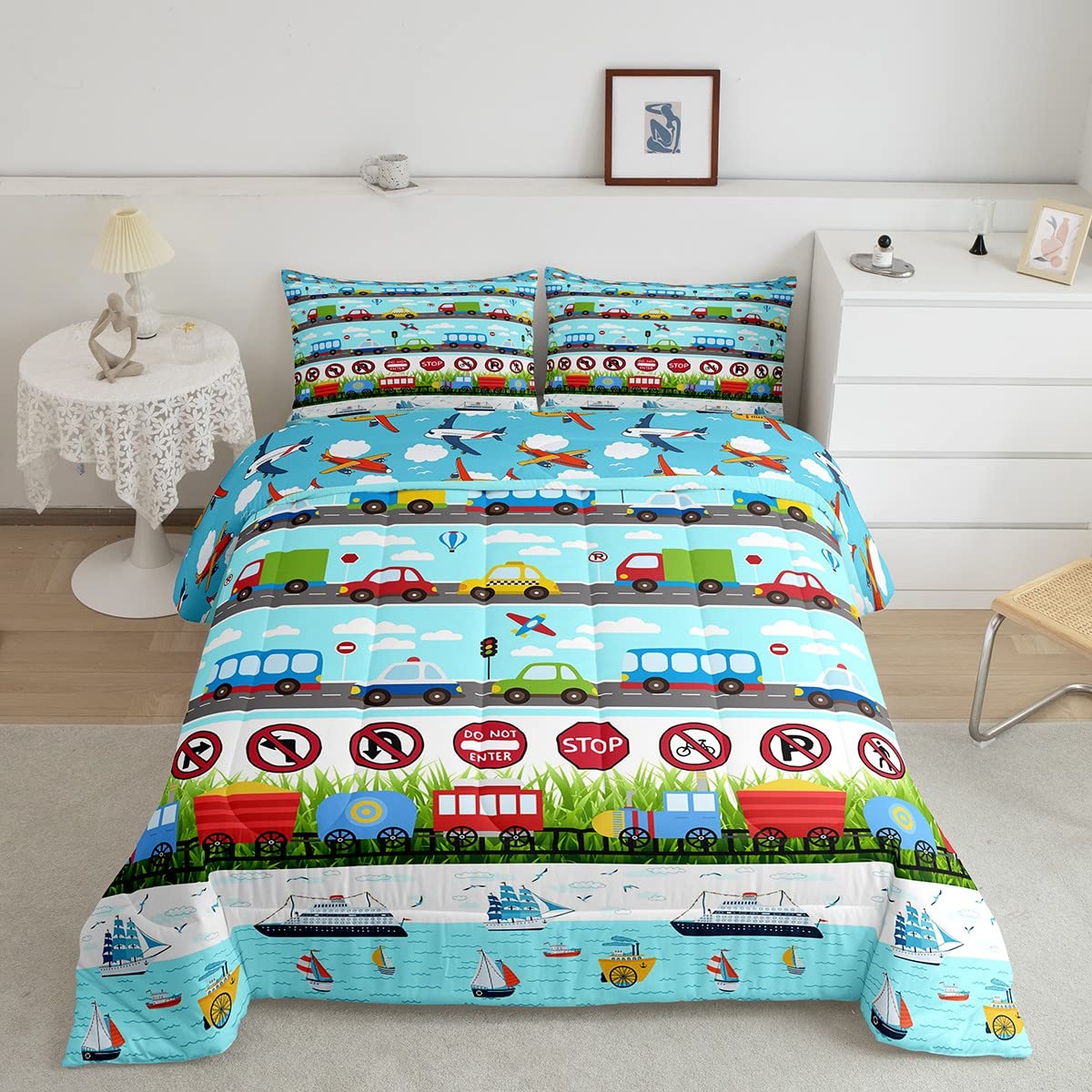 Feelyou Kids Cartoon Vehicle Bedding Set - Airplane, Train & Boat Themed Comforter for Boys & Girls | Soft Twin Size Duvet with Pillowcase | Perfect for Nursery, Kids Room & Travel | Land, Sea & Air Transportation Theme