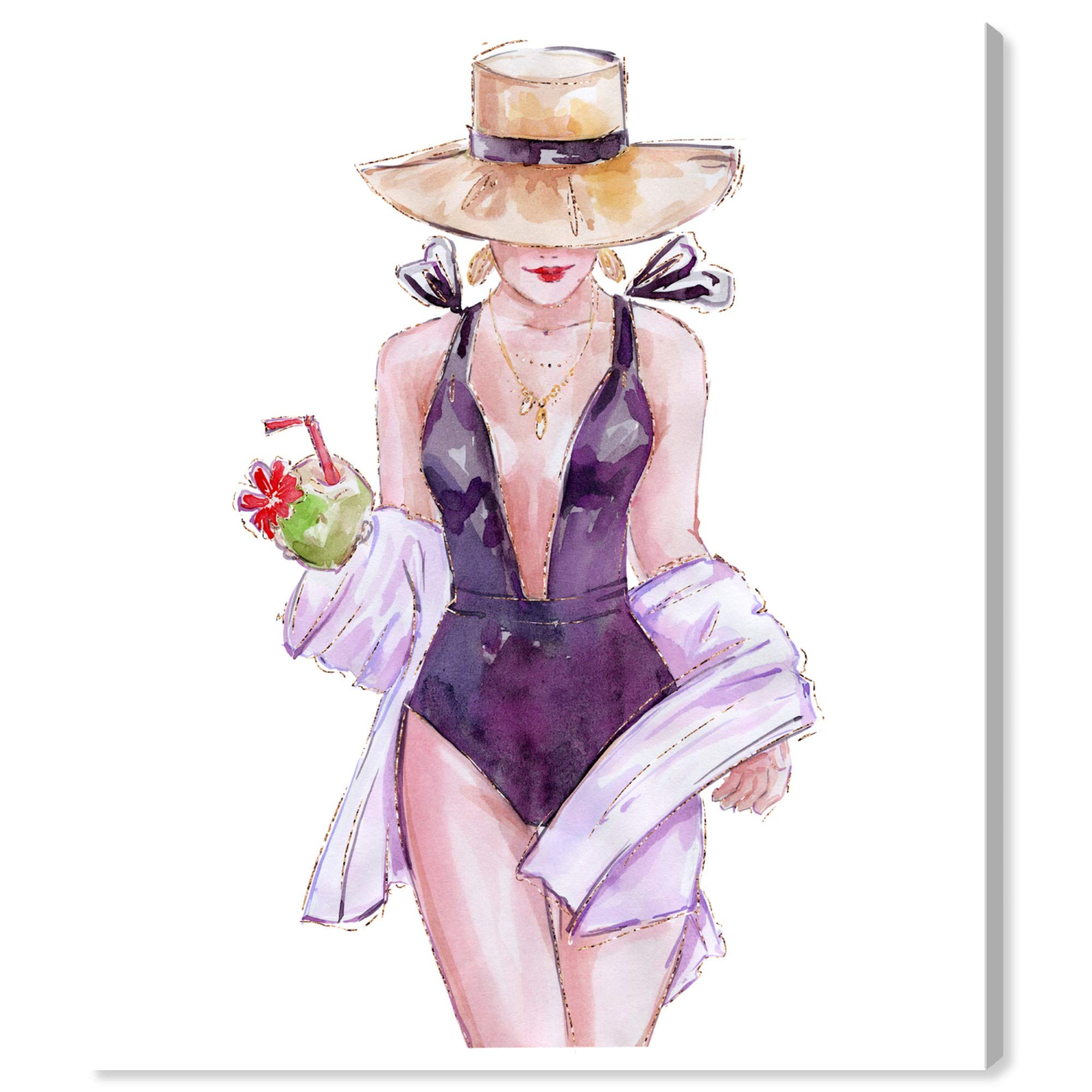 Oliver Gal Artist Co. Summer and Cocktail Swimsuit Wall Art Canvas Print - Fashion & Glam Home Decor, 30x36 Inches, Purple & White - Perfect for Beach House, Bathroom, or Bedroom Decor