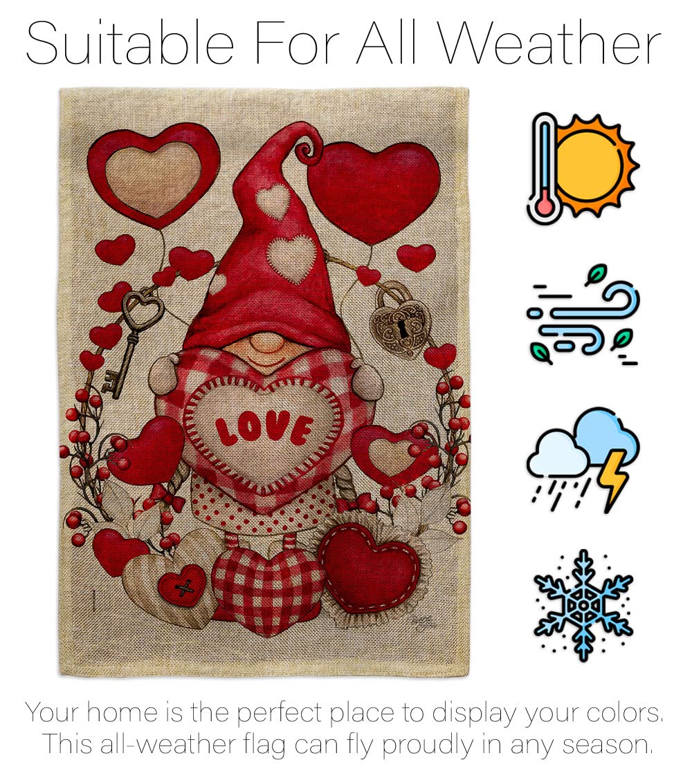 My Valentine Gnome Garden Burlap House Flag Set - Springtime Romantic Couple Decor with Happy Hearts, Double-Sided Outdoor Yard Banner for February Holiday - Made in USA | Perfect for Valentine's Day, Garden Decor, and Front Porch Displays