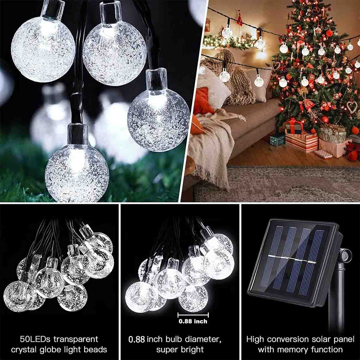 50 LED Solar String Lights Outdoor 23ft - Waterproof Crystal Globe Lights with 8 Lighting Modes | Solar Powered Patio Lights for Garden, Yard, Porch, Wedding & Party Decor (White) | Perfect for Backyard BBQs, Romantic Evenings & Holiday Celebrations