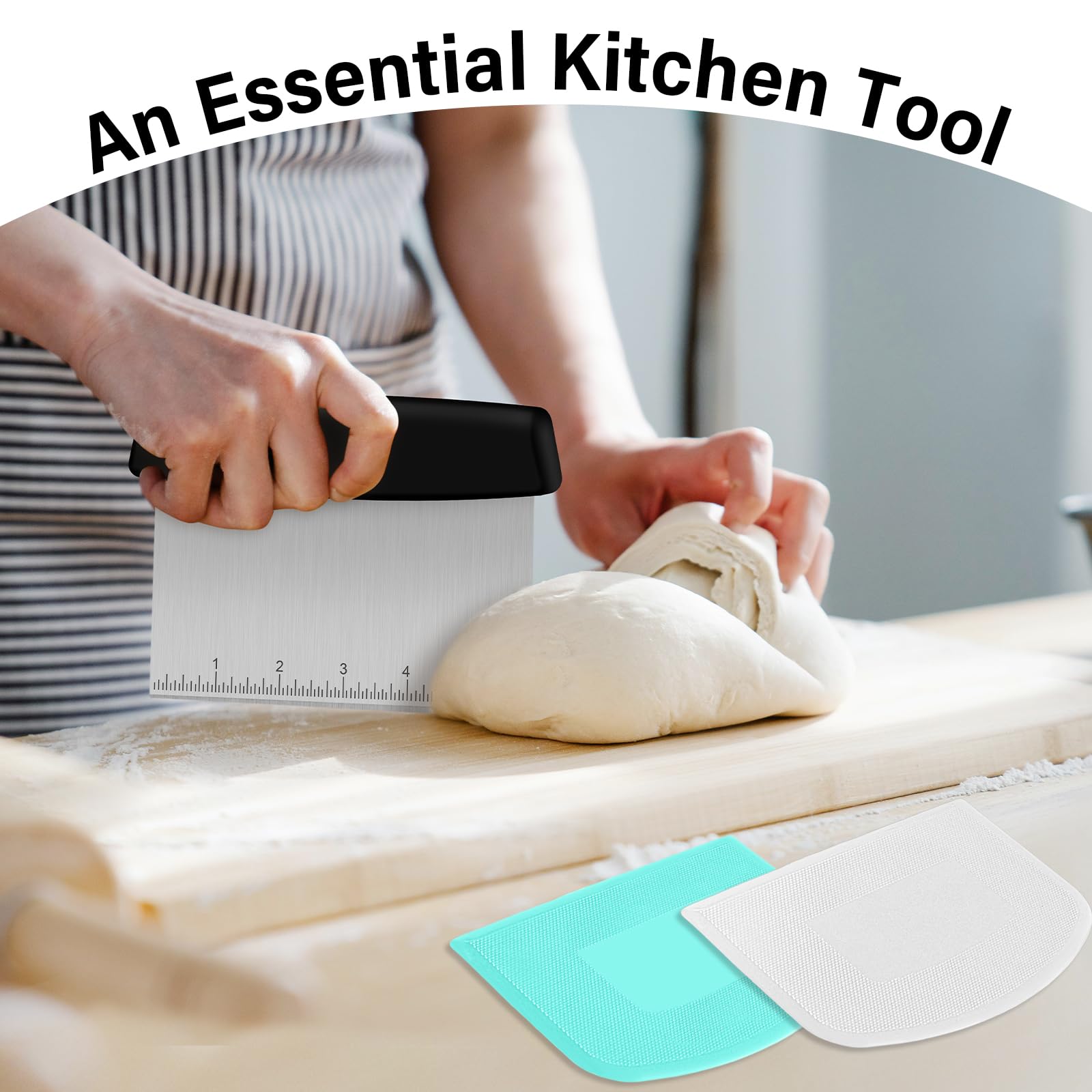 Premium Stainless Steel Bench Scraper & Dough Cutter Set - 2 PCS Flexible Bowl Scrapers with Measuring Scale - Ideal for Baking Bread, Pastry, Pizza & Cake Dough - Essential Kitchen Tool for Bakers & Home Cooks