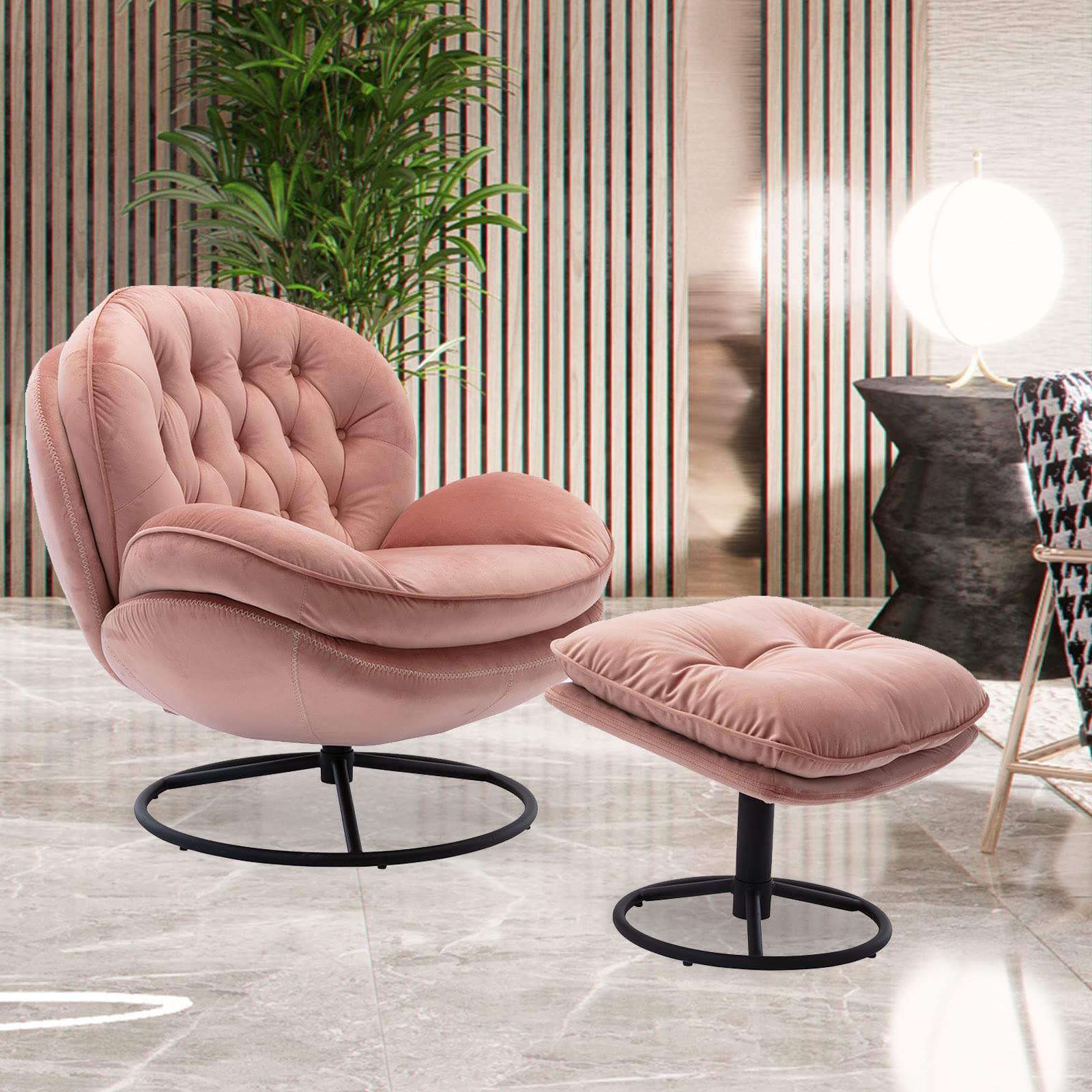 Velvet Swivel Accent Chair with Ottoman - Pink Cozy Lounge Chair for Living Room, Bedroom & Reading Nook - Modern Upholstered TV Chair & Lazy Sofa for Relaxing, Lounging or Chasing Comfort