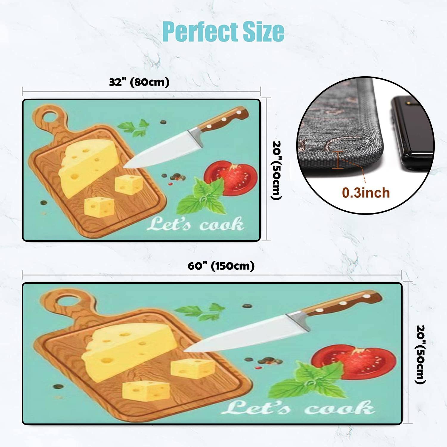Non-Slip Washable Kitchen Rugs Set - Cheese Cutting Board & Knife Design Floor Mat, Anti-Fatigue Standing Mat for Cooking, Decor - Perfect for Kitchens, Entryways & Bathrooms