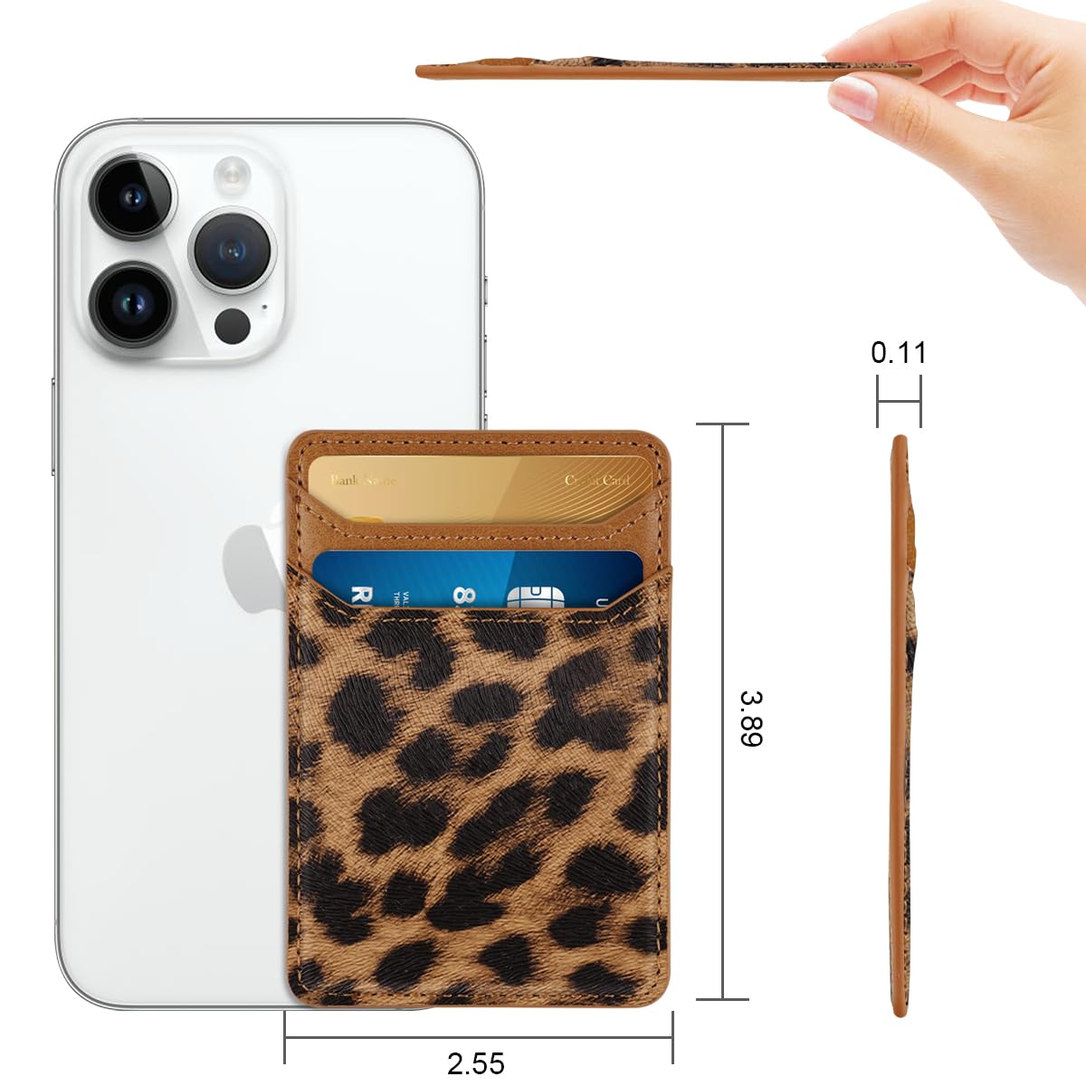 Self Adhesive Card Holder for Phone Back - Genuine Leather RFID Blocking Wallet Pocket with Strong Adhesive - Credit Card Sleeve for iPhone & Samsung Cases (Leopard Print) - Perfect for Hands-Free Shopping, Travel & Contactless Payments