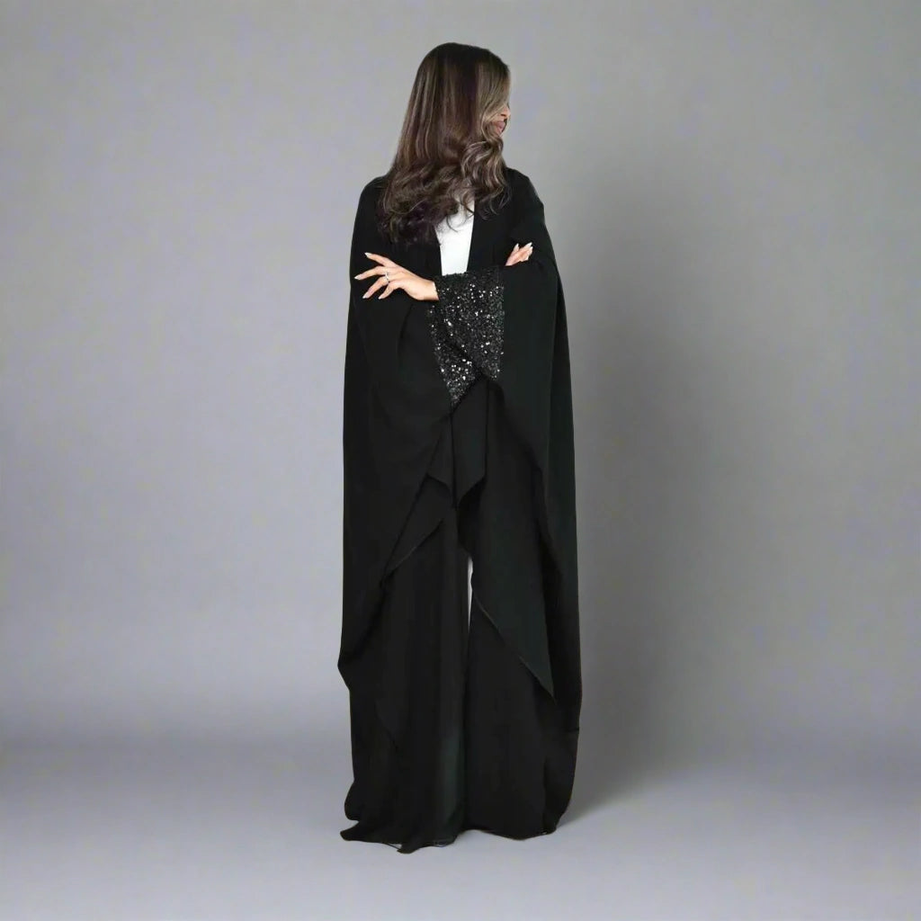 Sequins Cuff Cardigan Open Abaya Dress for Women - Elegant Long Sleeve Muslim Abaya with Beaded Details #24167 | Perfect for Eid, Wedding, Party & Special Occasions