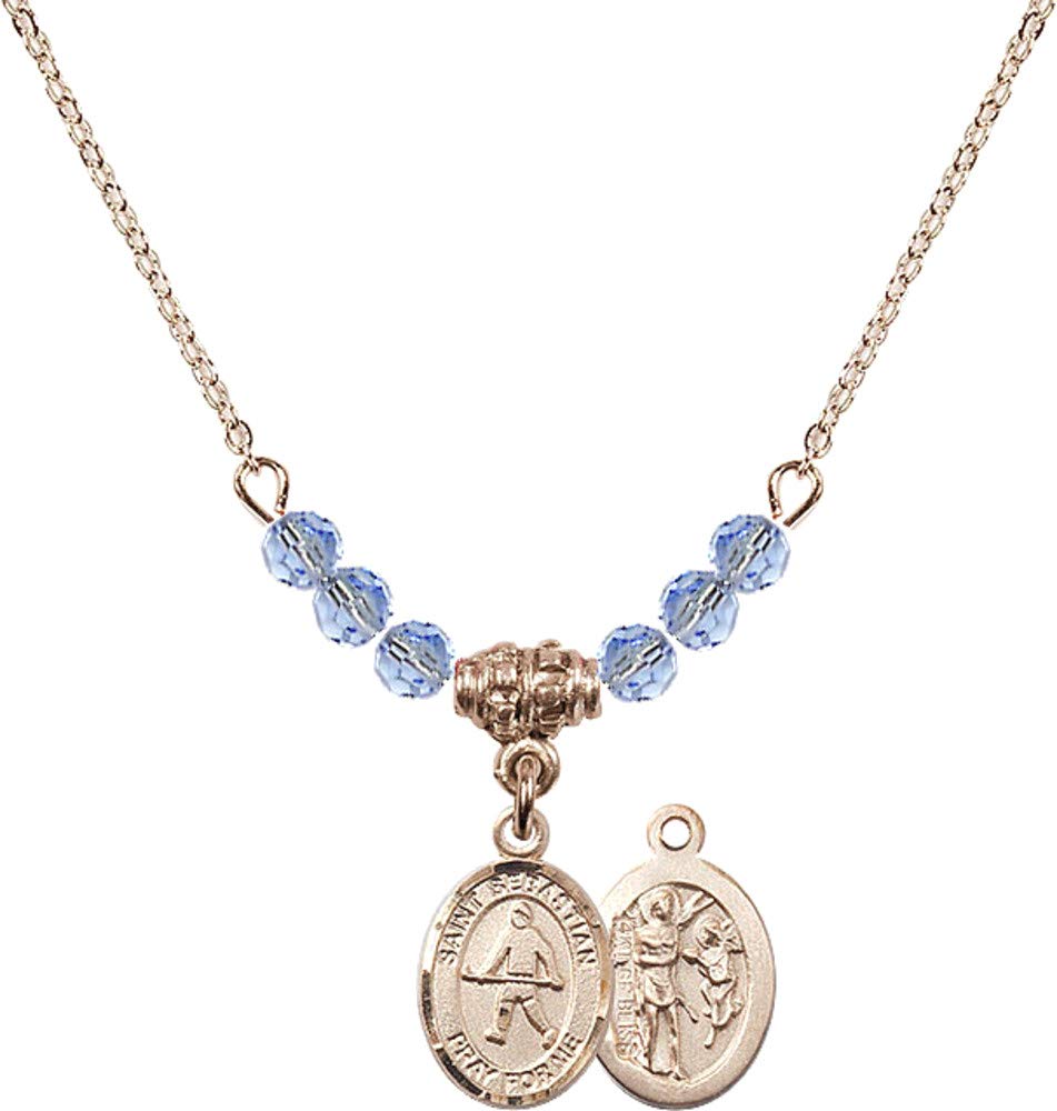 Bonyak 18K Gold Plated Hamilton Necklace with 4mm Light Blue September Birthstone Beads & Saint Sebastian/Field Hockey Charm - Elegant Gift for Birthdays, Anniversaries, and Sports Enthusiasts