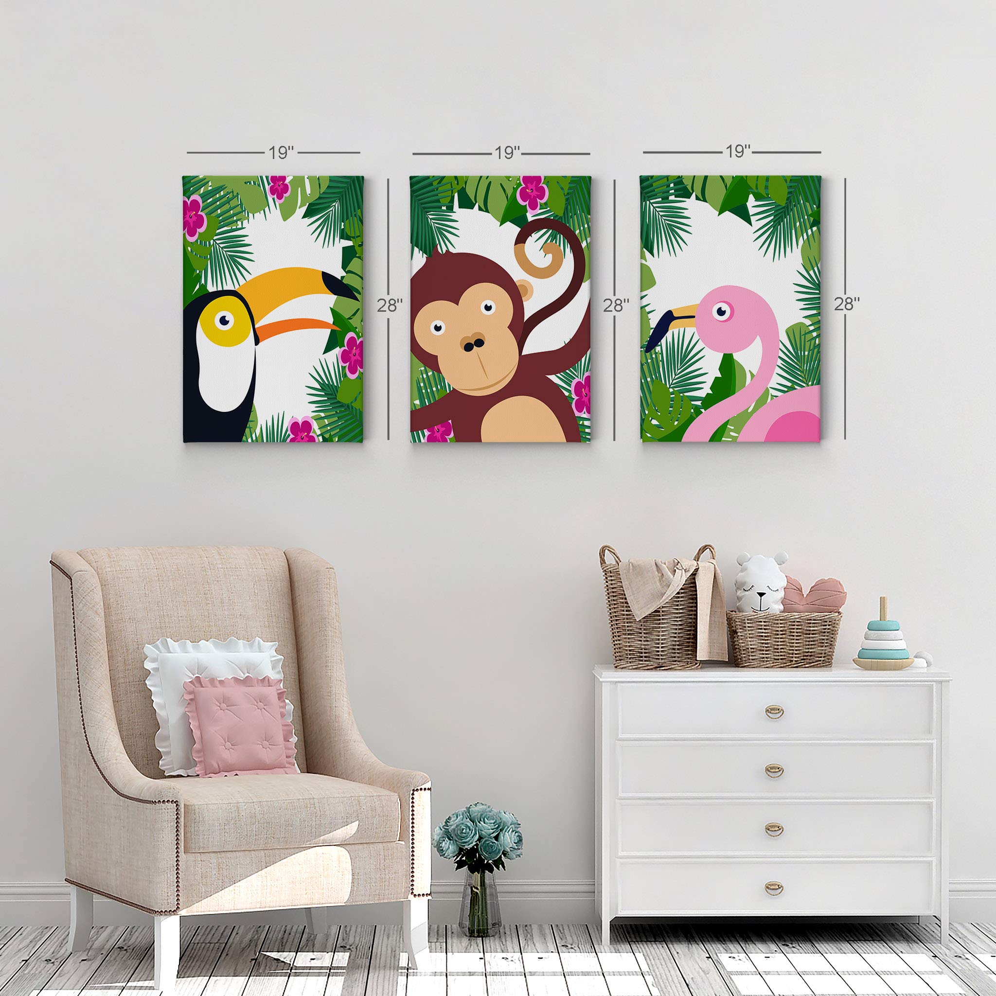 Tropical Animals Wall Art Canvas Prints - 3 Panel Set for Kids Room, Nursery & Baby Room Decor - 40x30 Inches - Made in USA | Perfect for Playrooms, Bedrooms & Daycare Centers